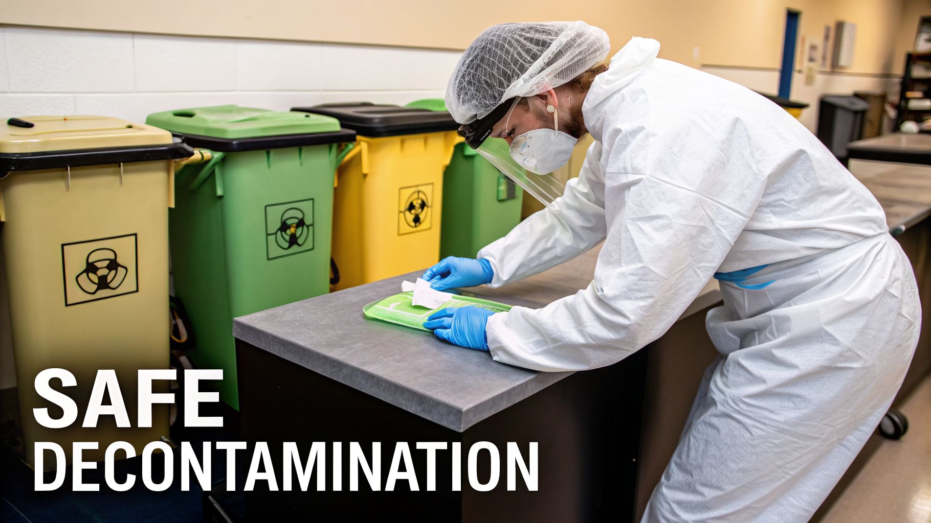 A person in full PPE cleans an item on a tray, with biohazard bins in the background, for safe decontamination.