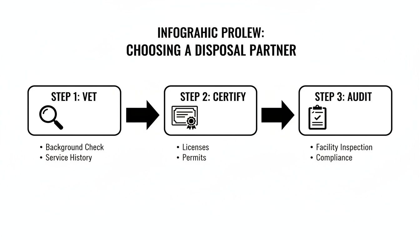 Infographic outlining three steps to choosing a disposal partner: Vet, Certify, and Audit.