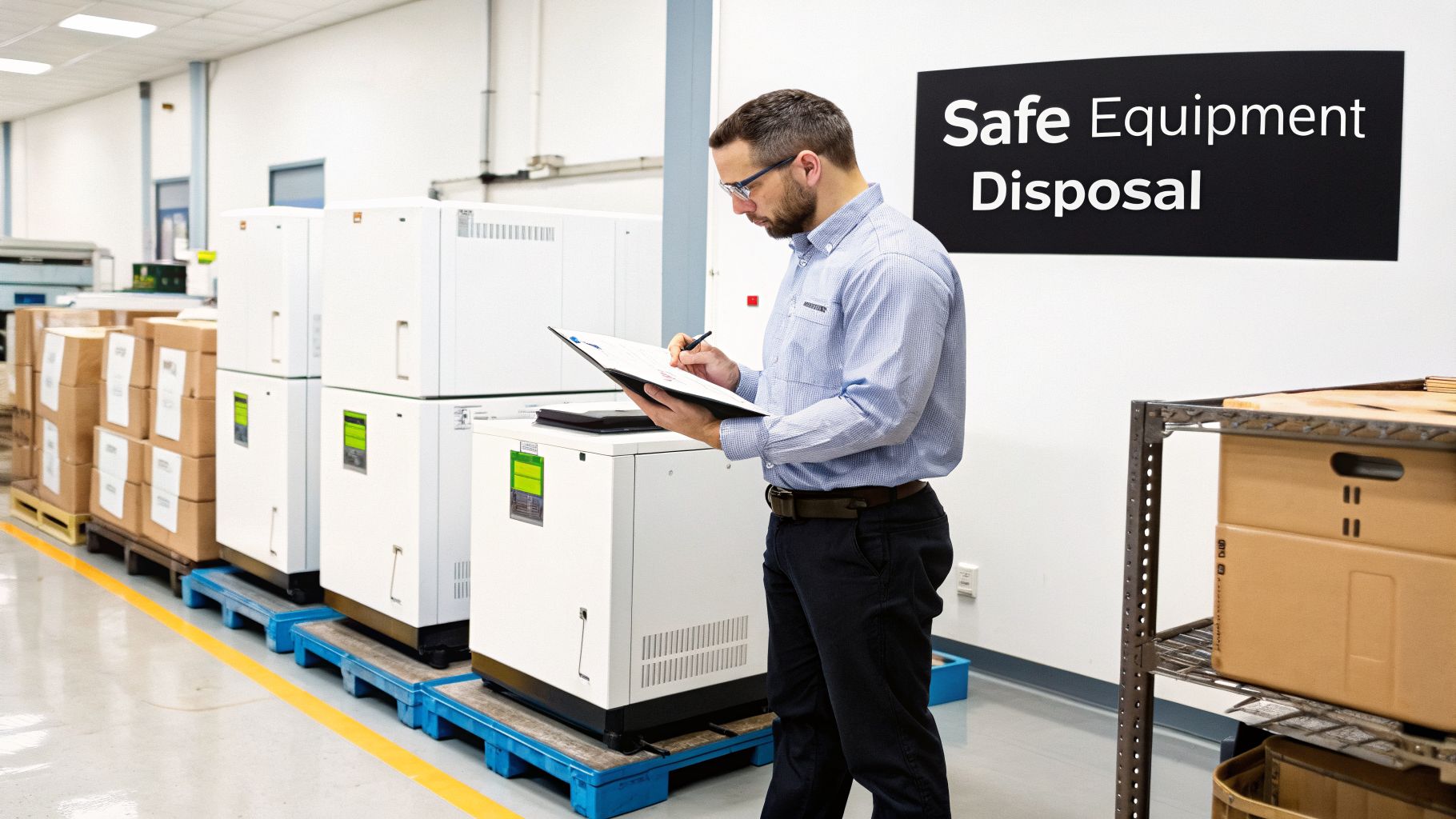 Man in a warehouse inspects scientific equipment, with a 'Safe Equipment Disposal' sign on the wall.