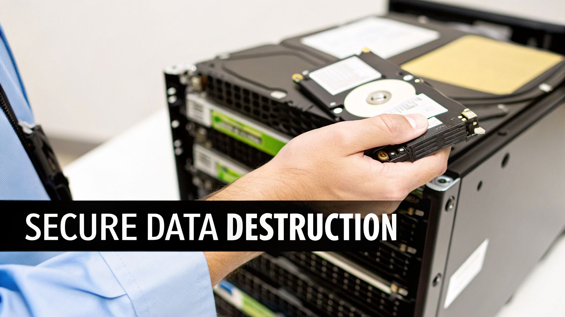 A technician's hand is removing a hard drive from a server for secure data destruction.