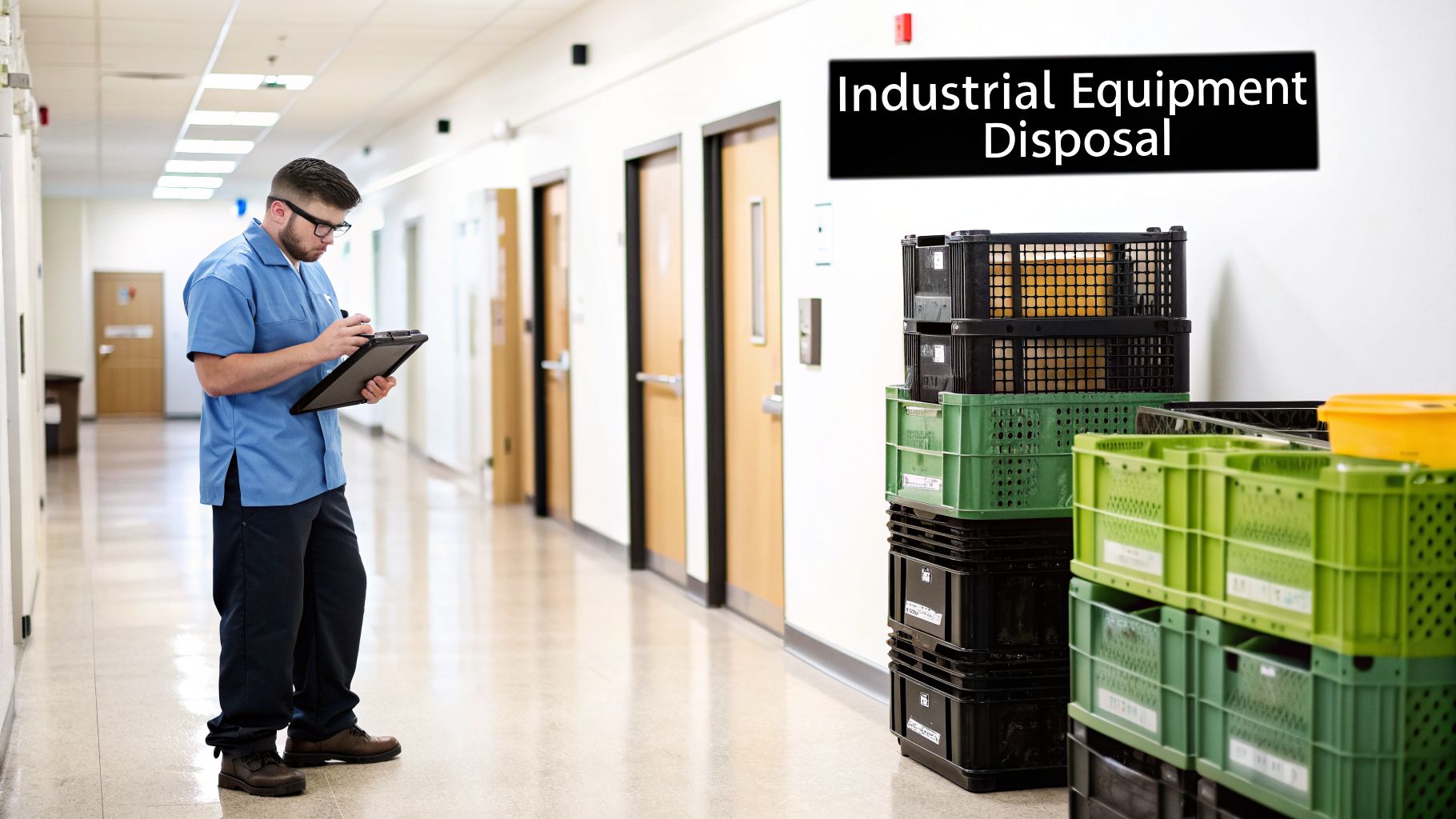 A man in a blue uniform reviews a clipboard next to stacked crates in a hallway with an 'Industrial Equipment Disposal' sign.