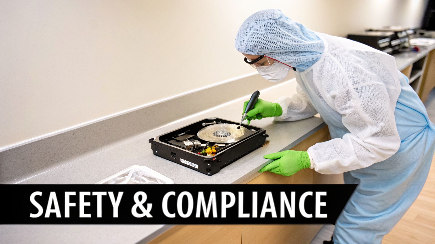 A technician in a cleanroom suit, mask, and green gloves inspects an open hard drive.