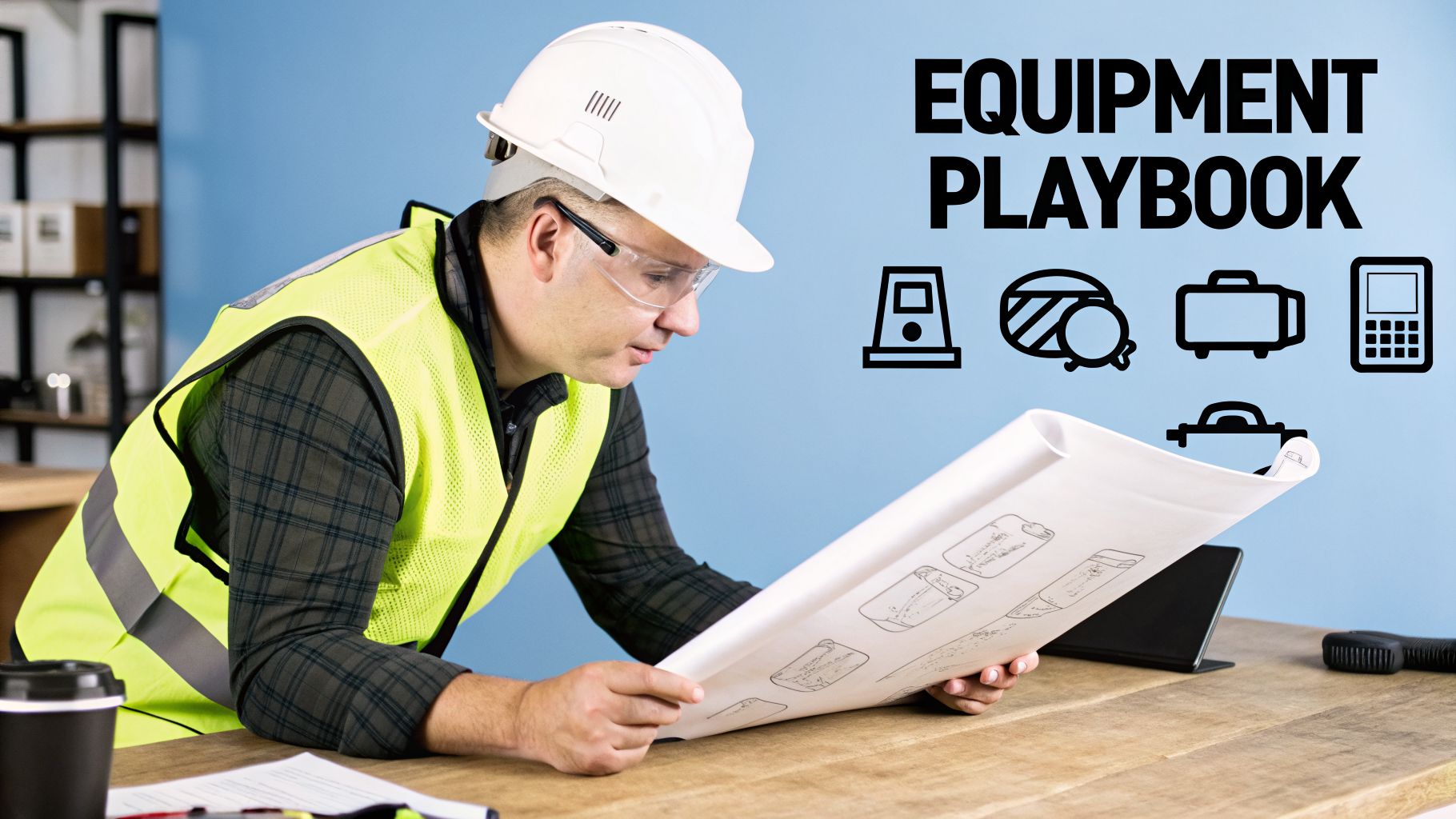 Construction worker in safety gear examines technical drawings for industrial equipment planning.