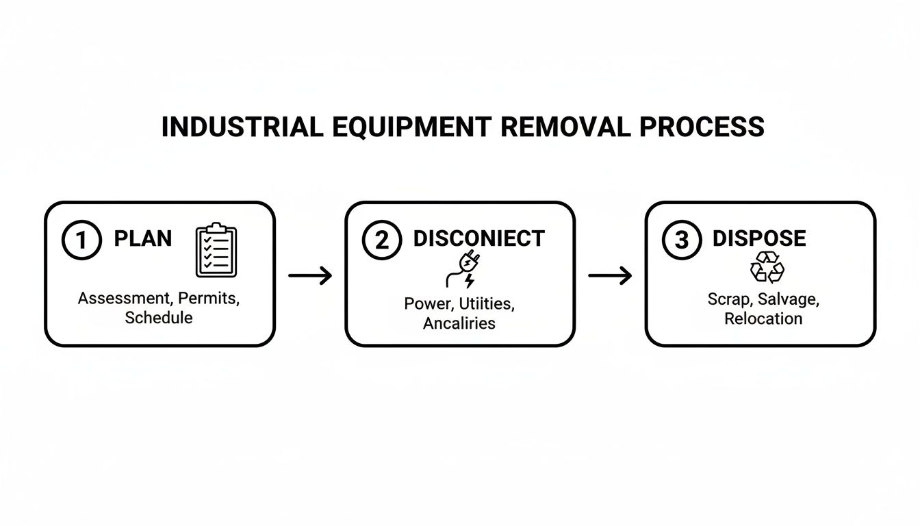 A three-step process diagram illustrating industrial equipment removal: Plan, Disconnect, and Dispose.