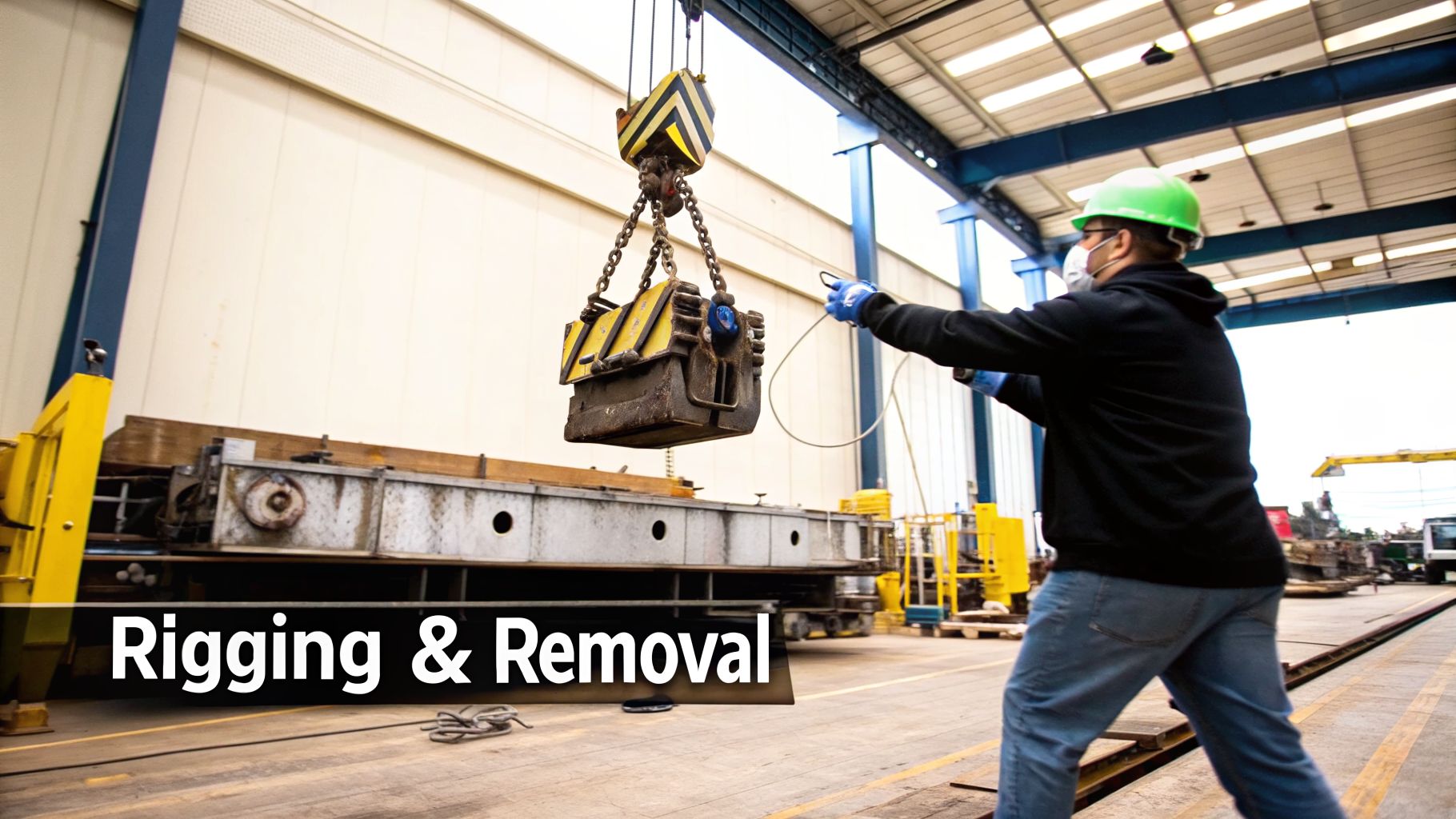 Worker in hard hat and mask guides a heavy load suspended by a crane in an industrial factory.