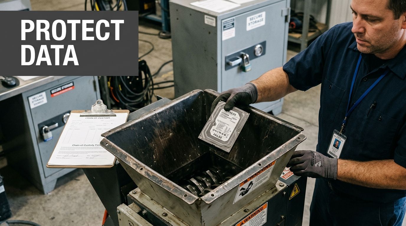 A worker securely destroys a computer hard drive in a shredder, demonstrating data protection.