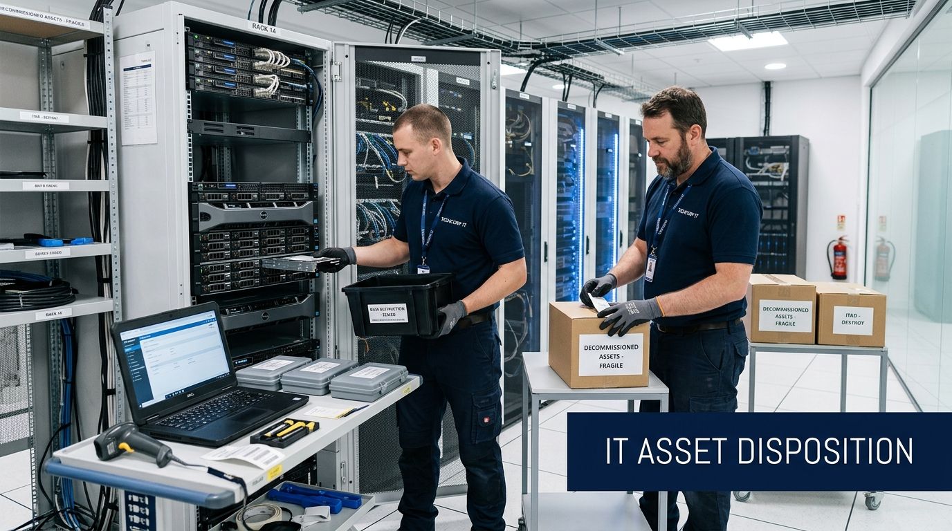 Two IT technicians in a data center decommissioning server hardware for data destruction and asset disposition.