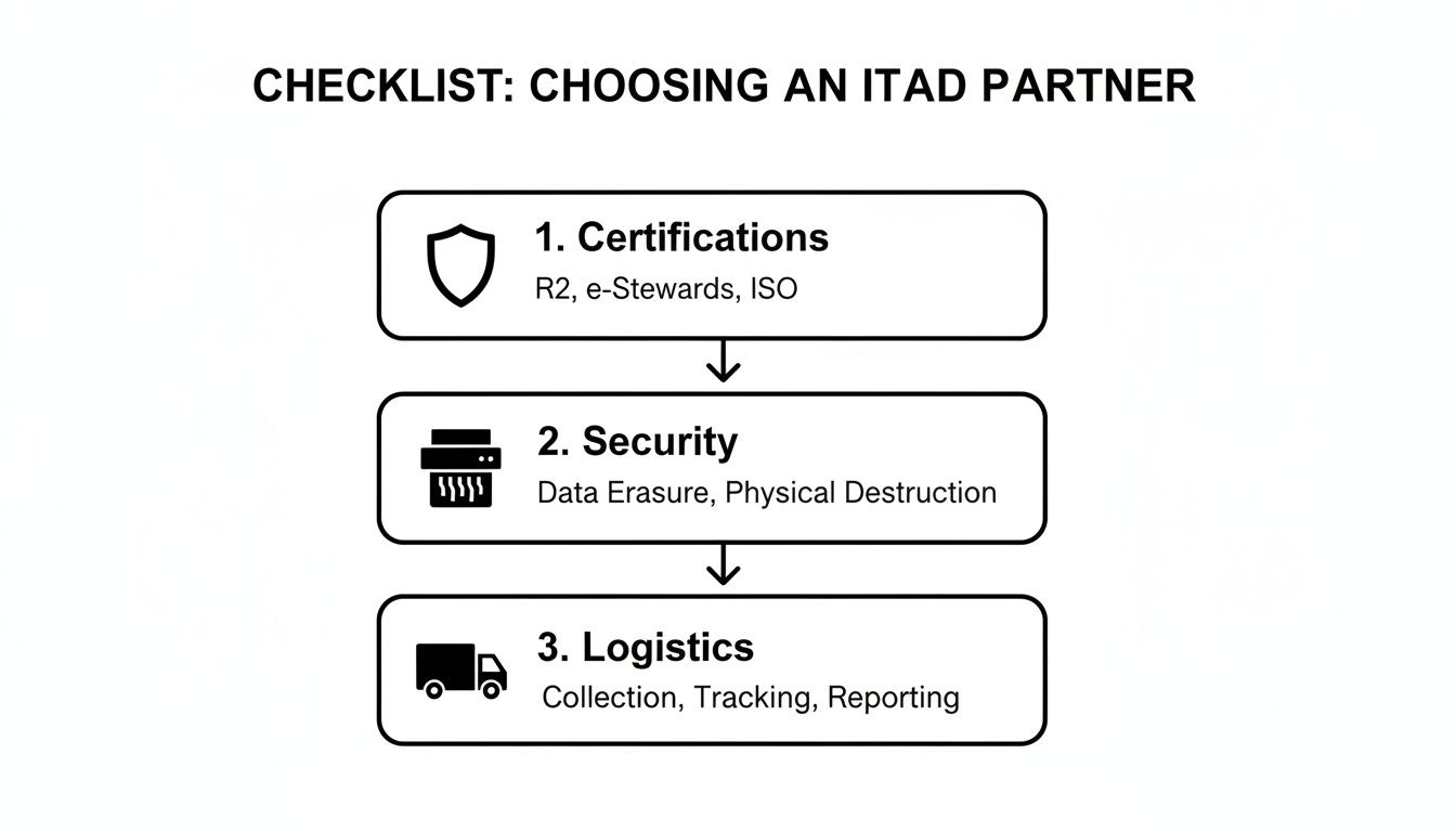 Checklist for choosing an ITAD partner, outlining certifications, security, and logistics.
