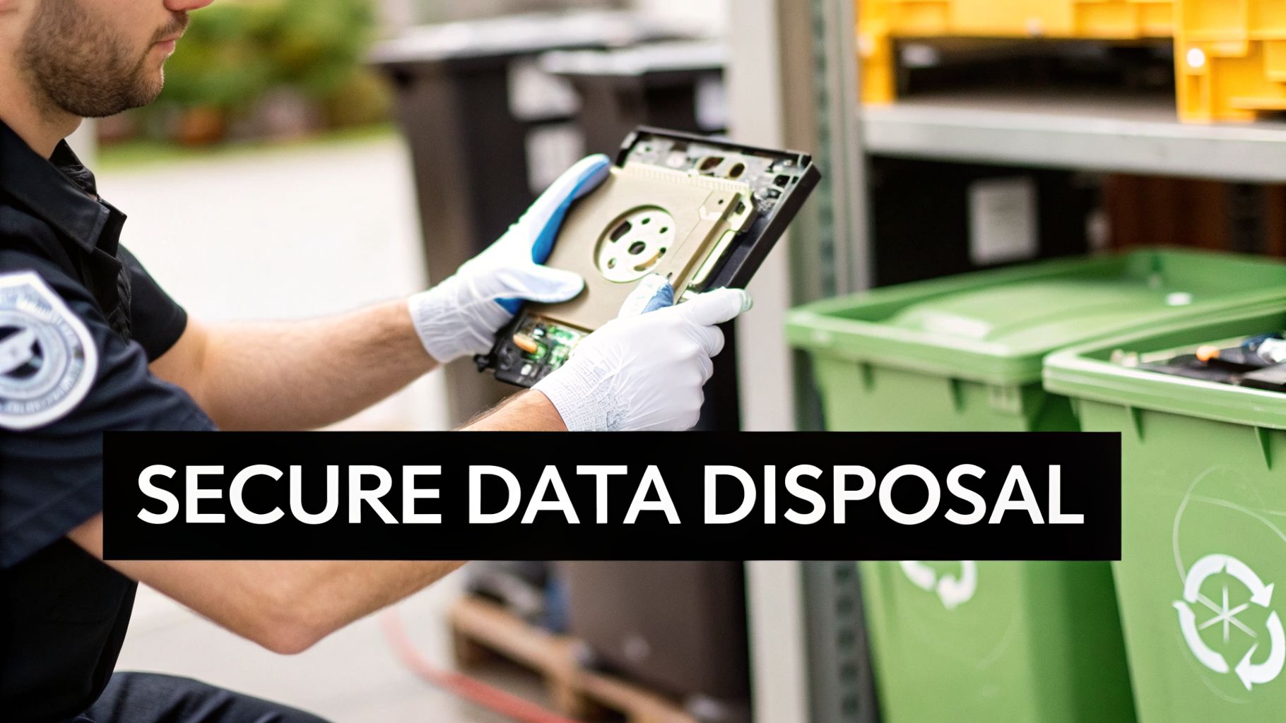Person in gloves securely disposing of an open hard drive next to green recycling bins.