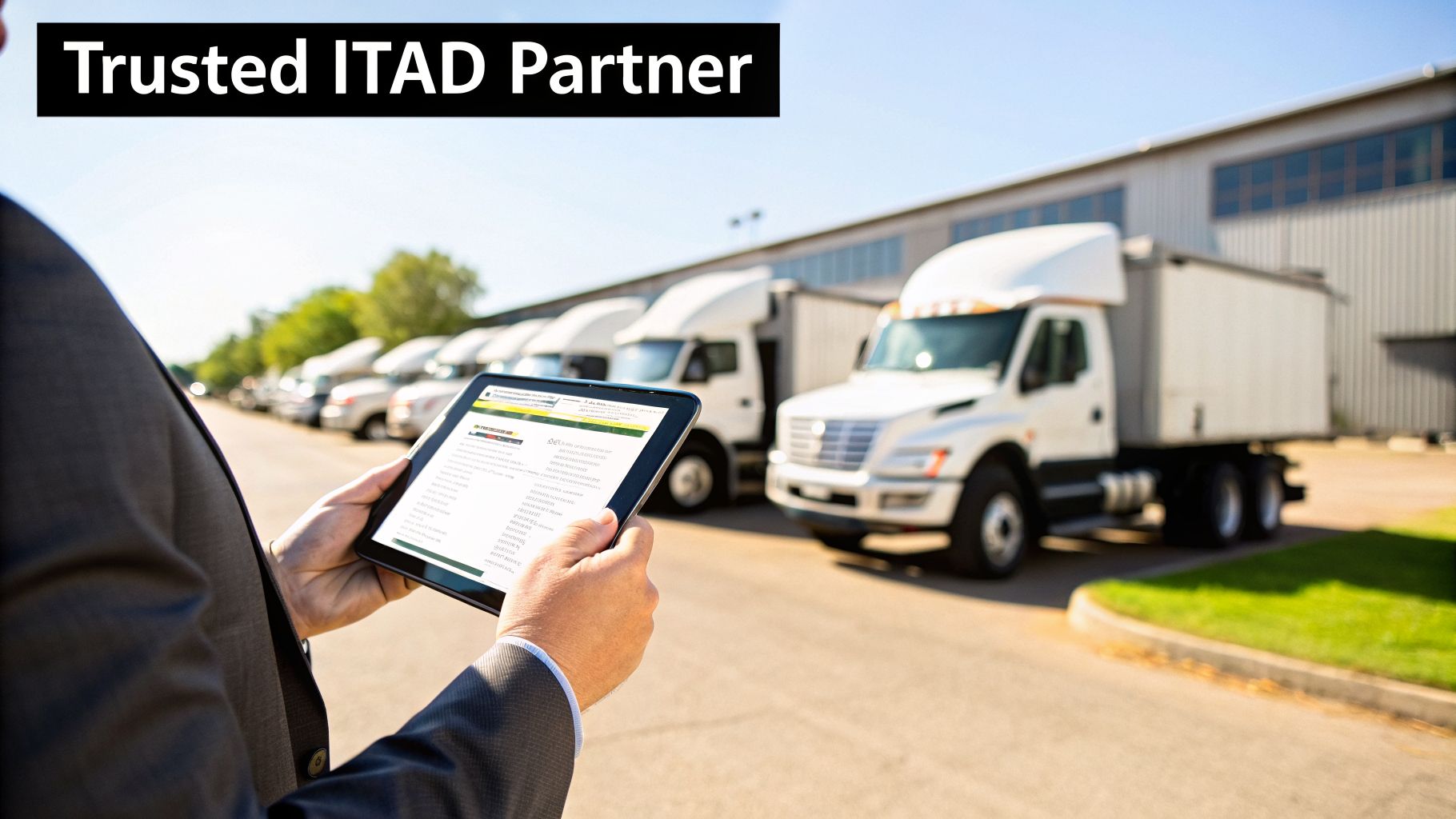 Person holding a tablet with 'Trusted ITAD Partner' text, overlooking a row of trucks.