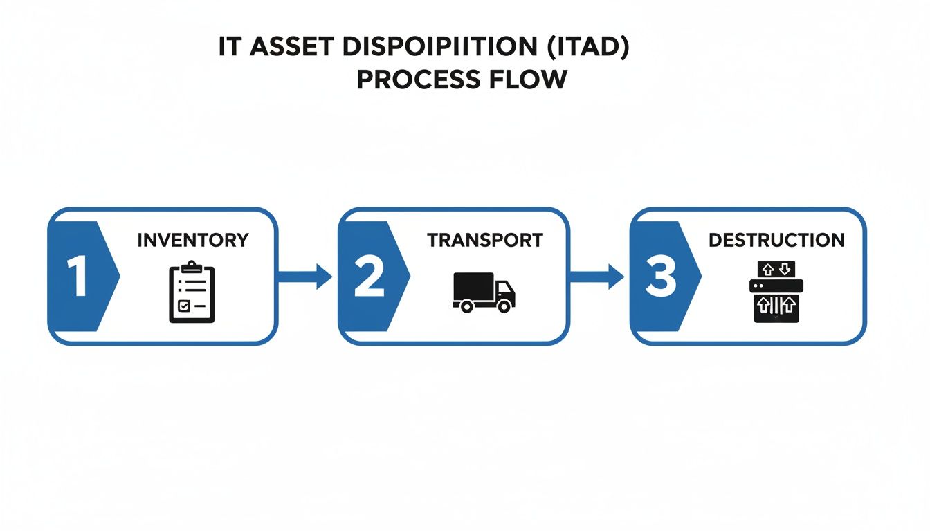A three-step process flow for IT asset disposition, showing inventory, transport, and destruction.
