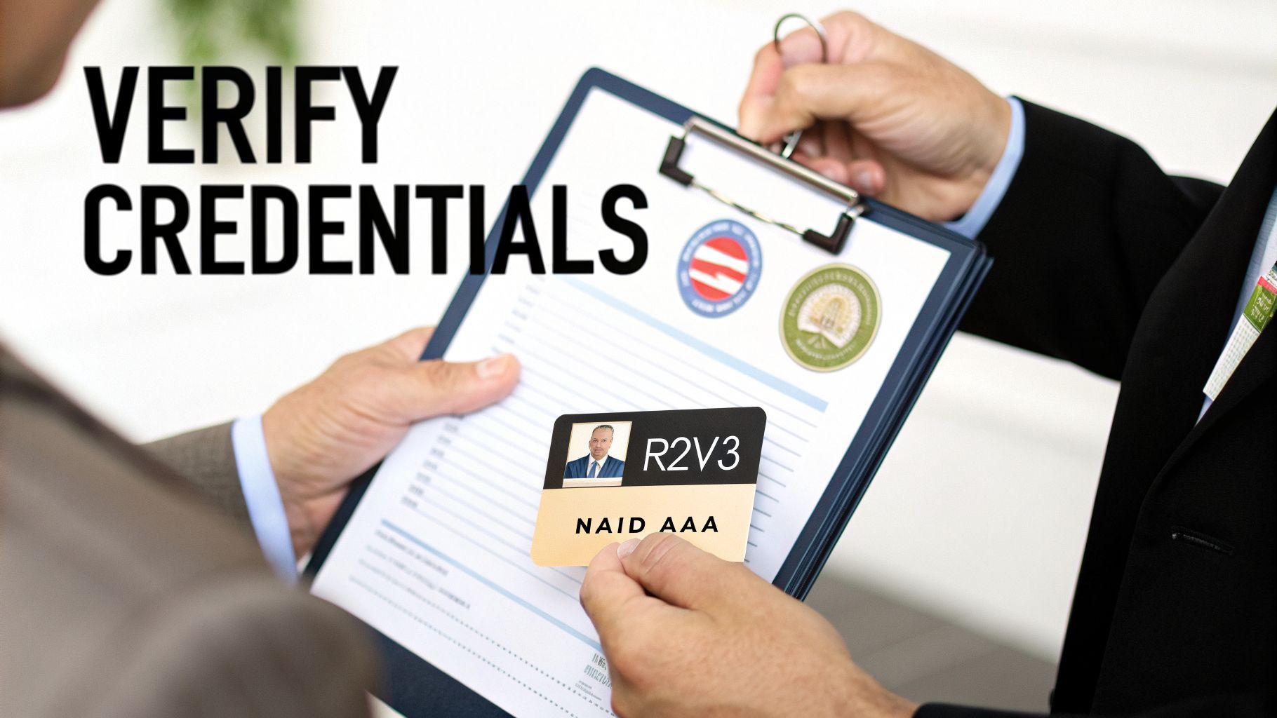 Hands of two professionals verifying credentials using an ID card and a clipboard.