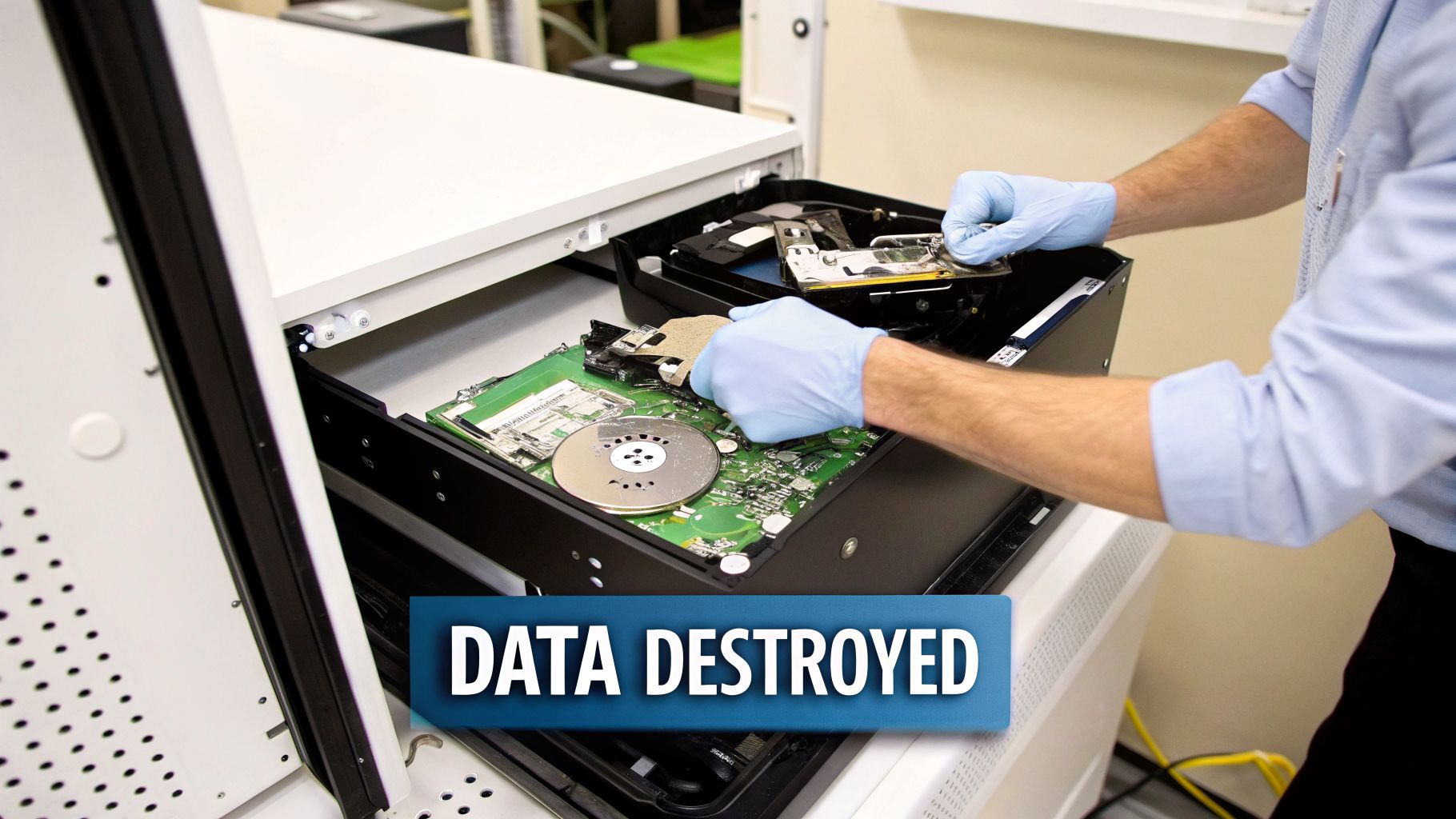 A person in blue gloves destroying hard drives inside a data destruction machine for secure disposal.
