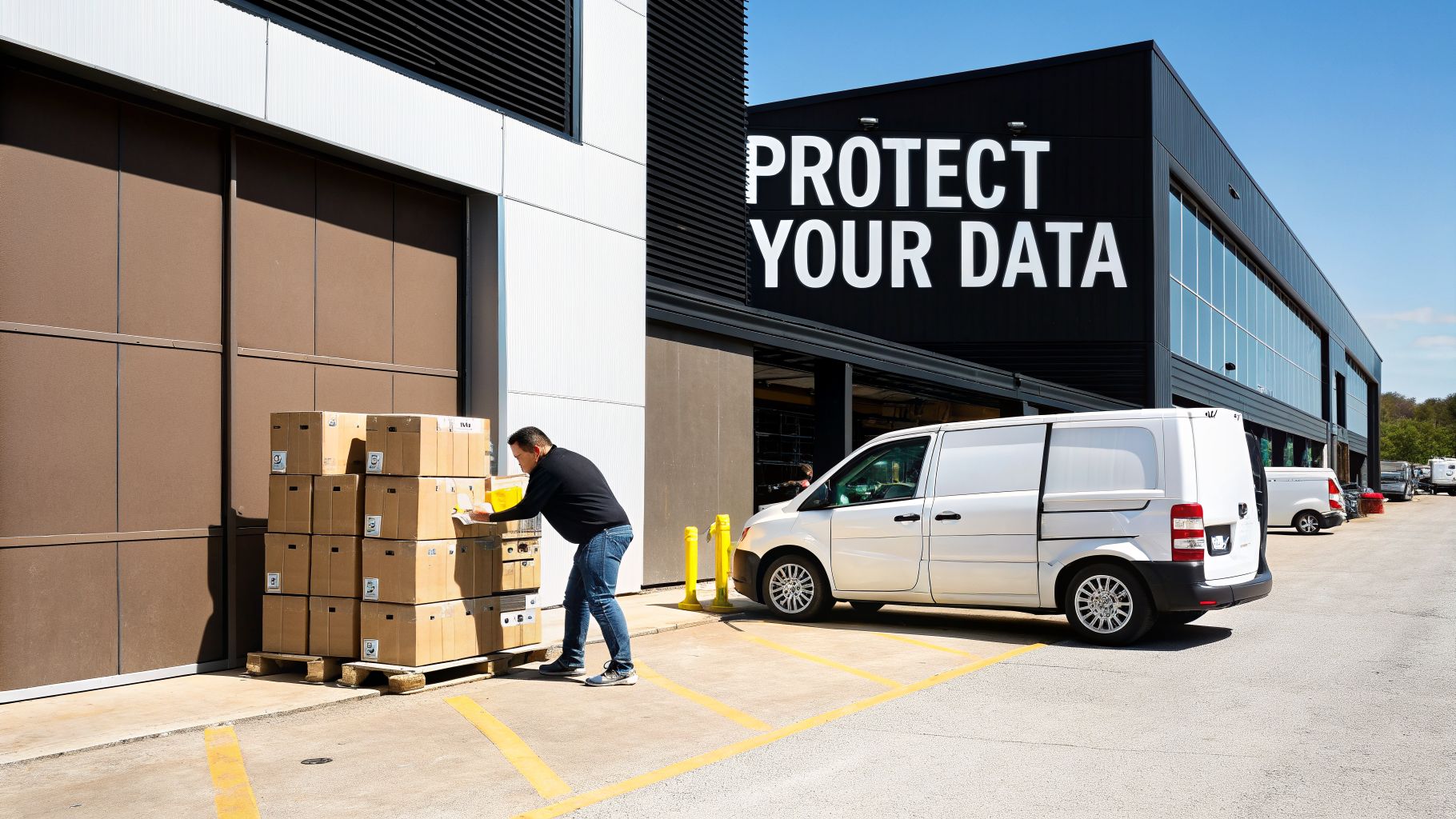Man handling brown cardboard boxes on pallets outside a modern building with a white delivery van.