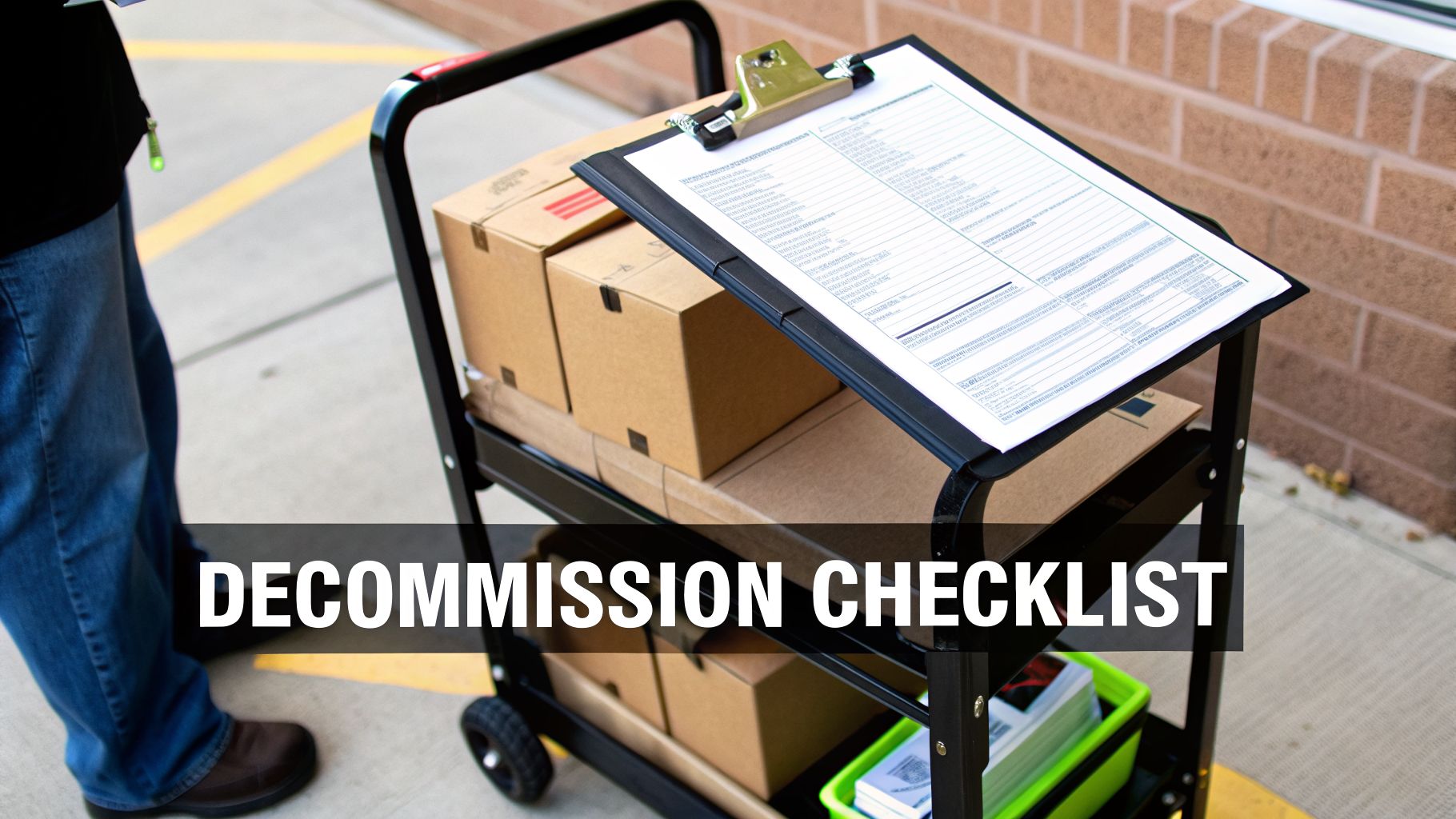 A person stands next to a utility cart filled with boxes and a clipboard displaying a decommission checklist.