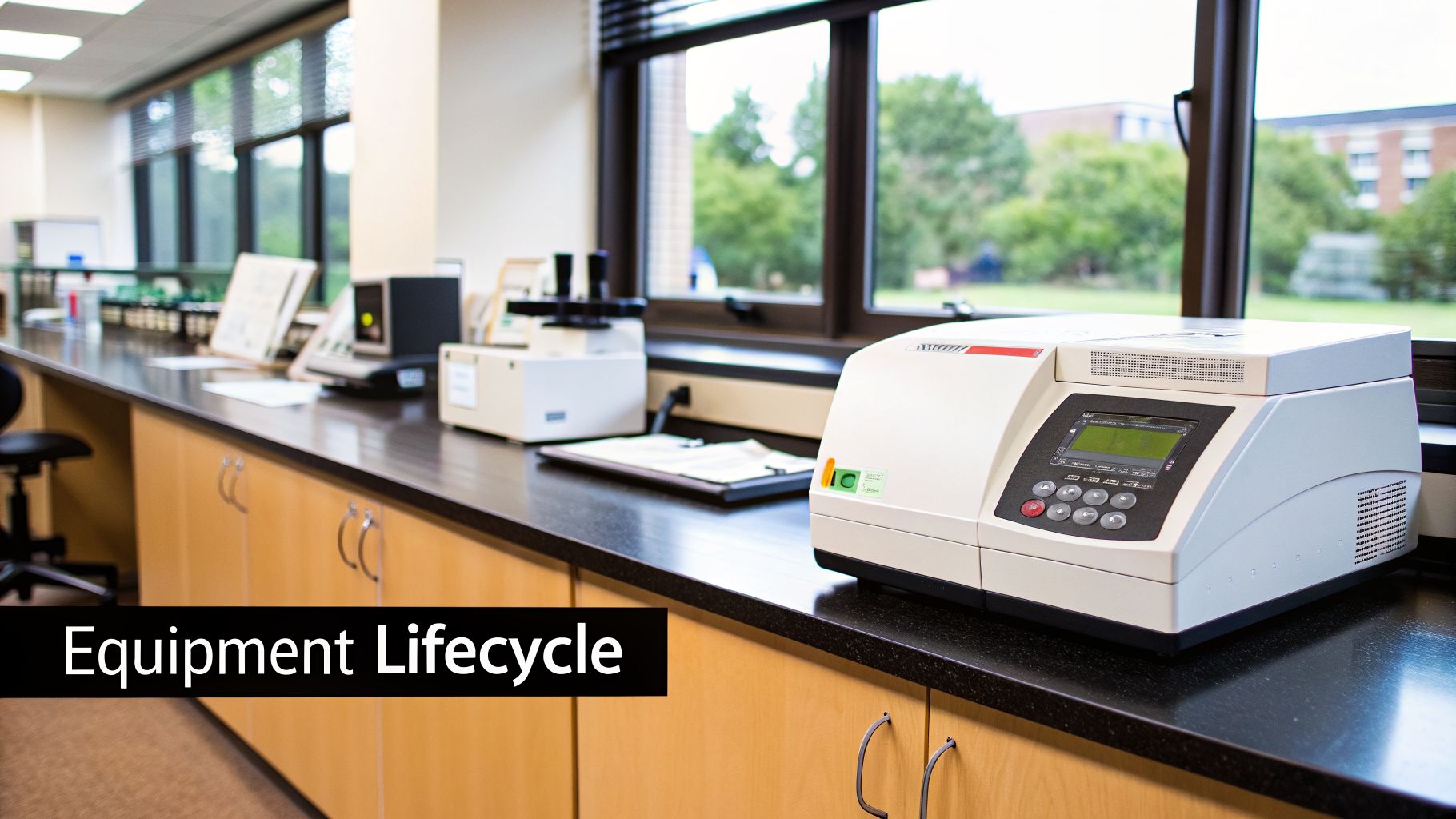 A modern laboratory with various scientific instruments and equipment on a dark countertop.