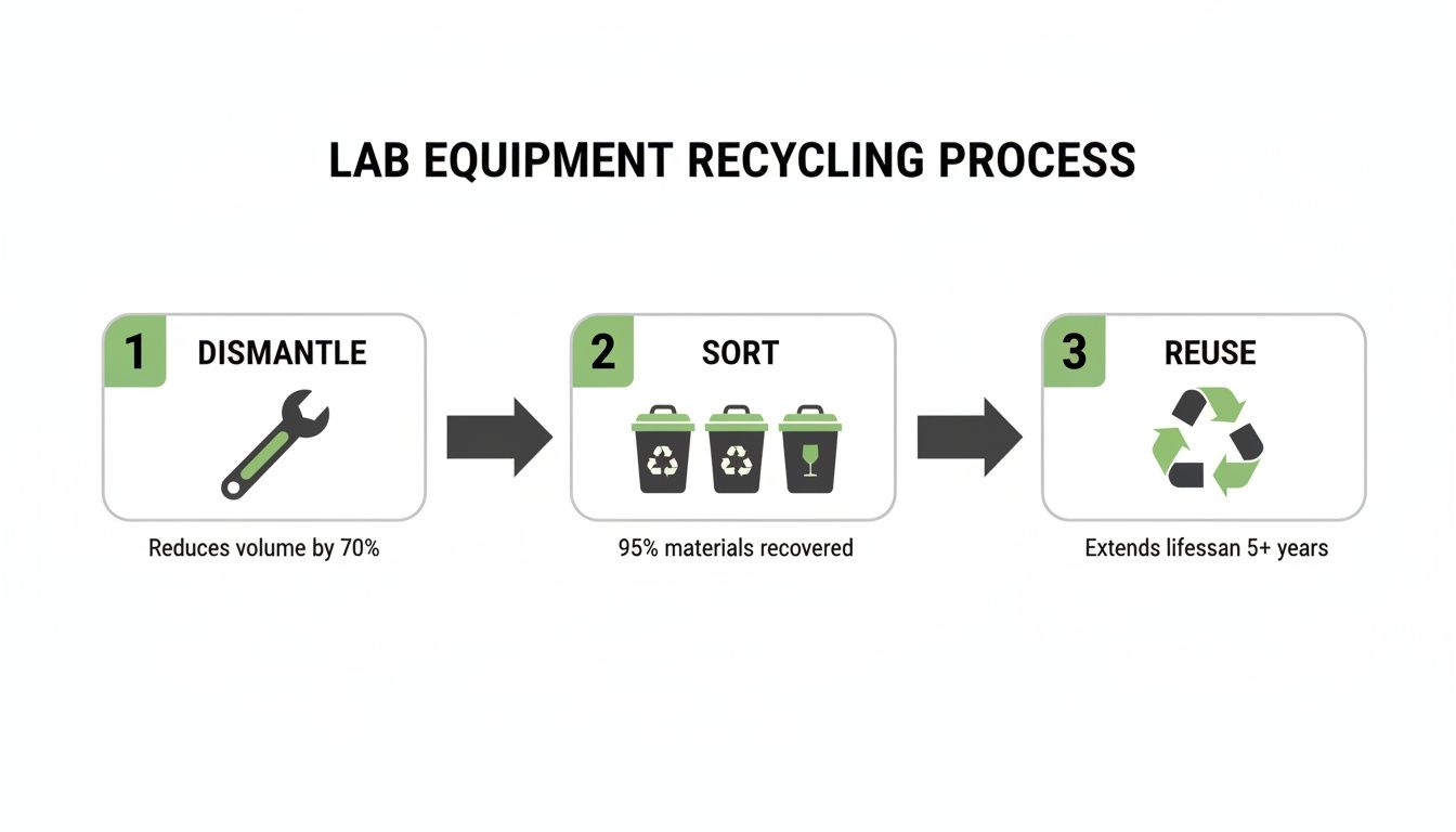 Infographic illustrating a three-step lab equipment recycling process: dismantle, sort, and reuse, highlighting benefits.