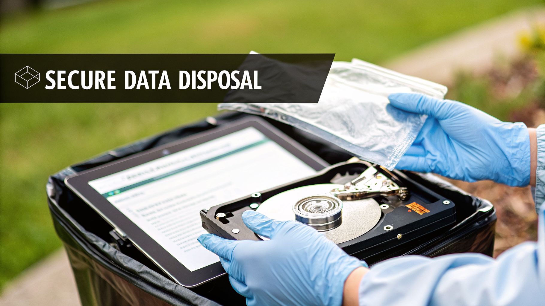 Technician in blue gloves securely disposing of a hard drive and tablet in a black bin.