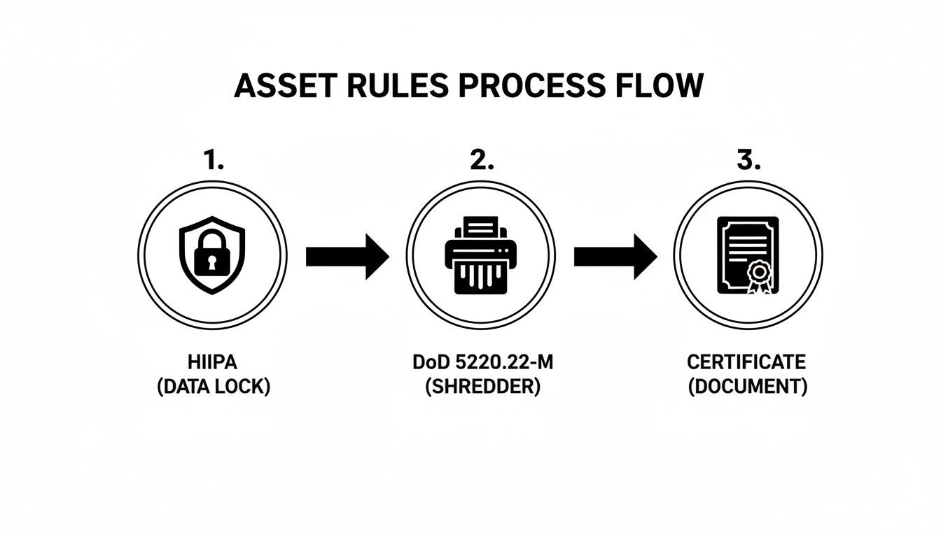 Process flow diagram showing asset rules from data lock (HIPAA) to shredder (DoD) and a final certificate.