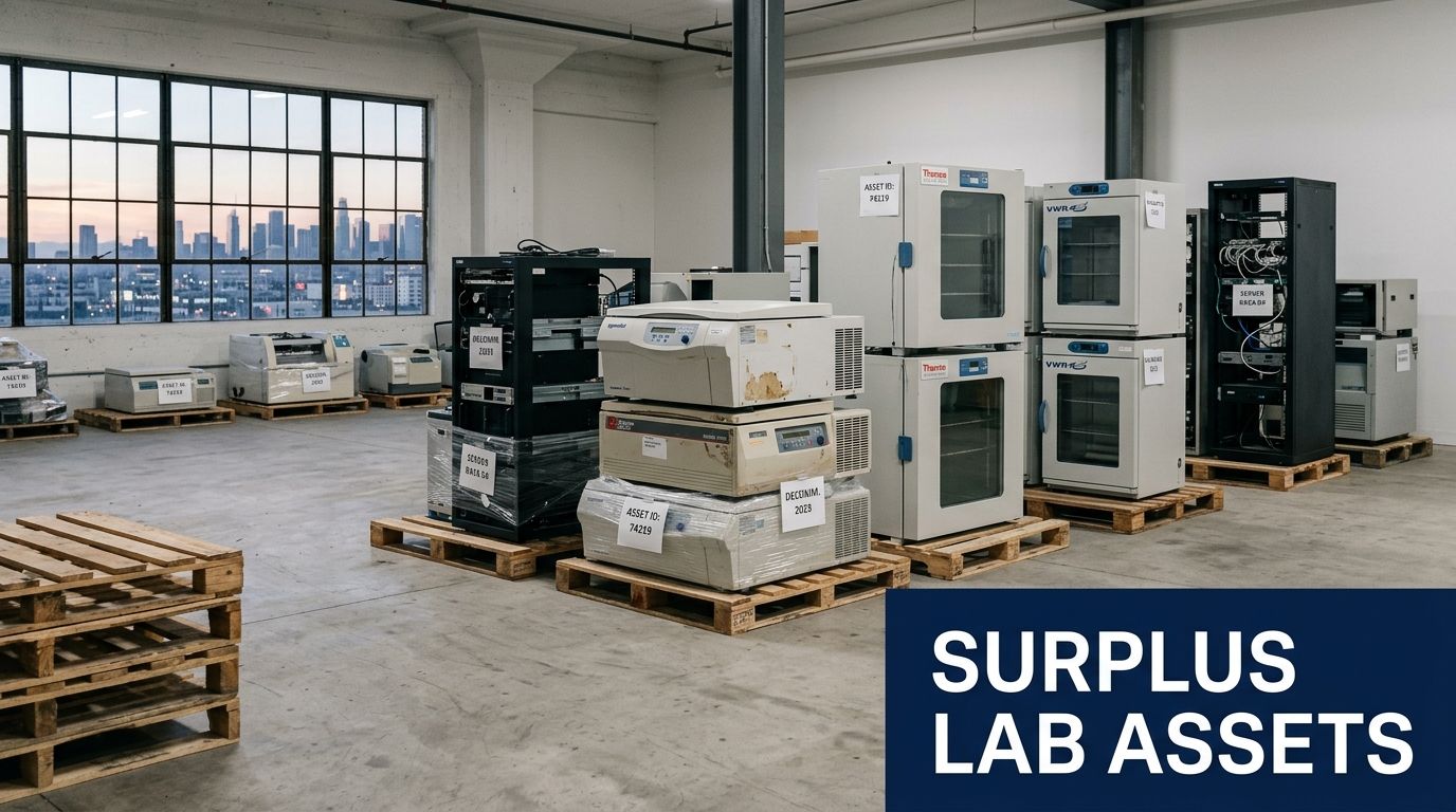 A warehouse filled with surplus laboratory equipment on pallets, with a city skyline visible through large windows.