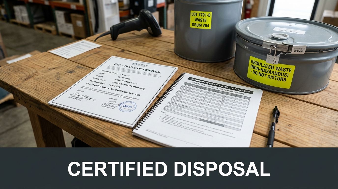 Certified disposal documents and waste drums on a wooden table in a warehouse setting.