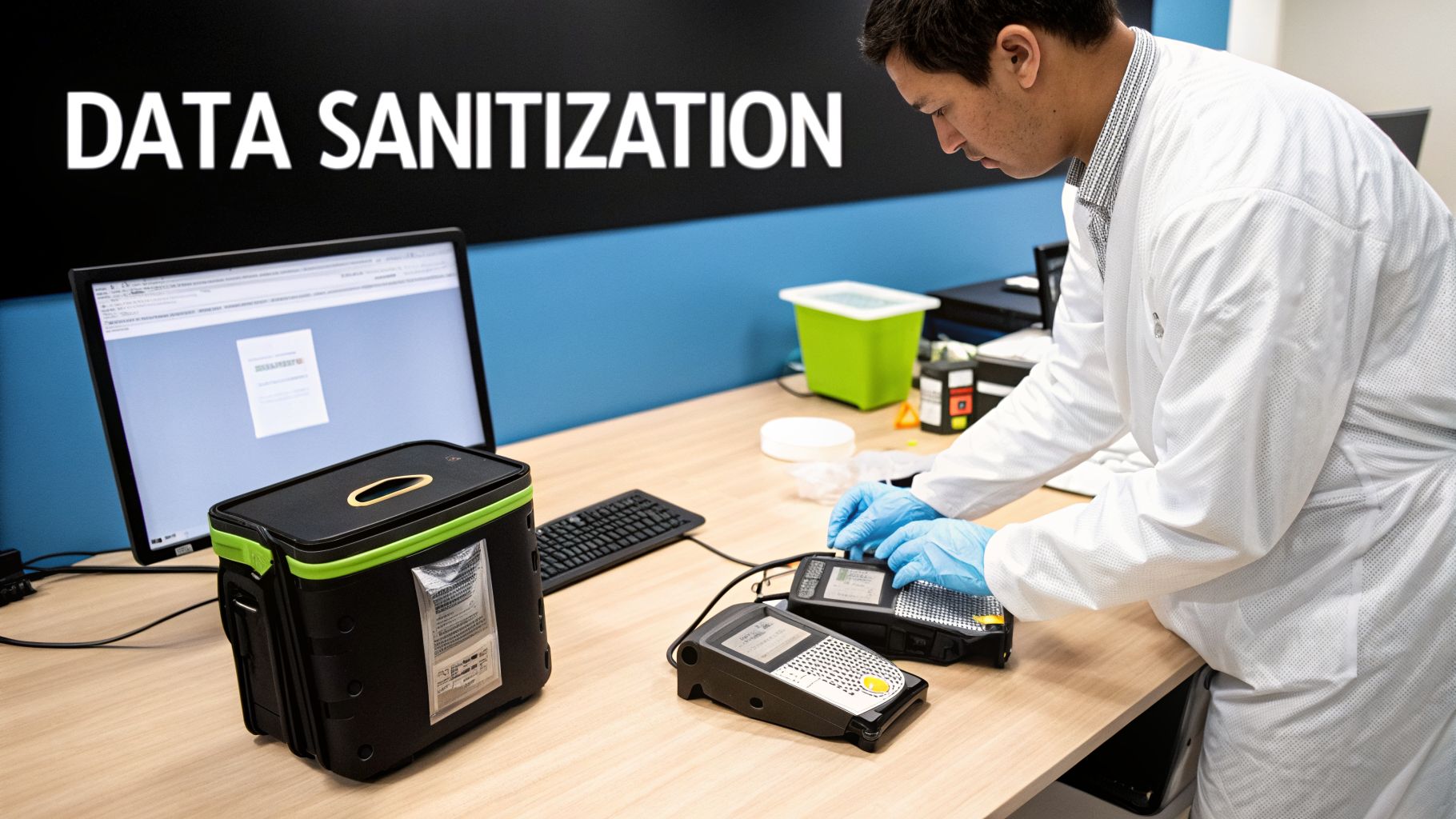 Man in lab coat performing data sanitization with secure equipment in a modern laboratory setting.