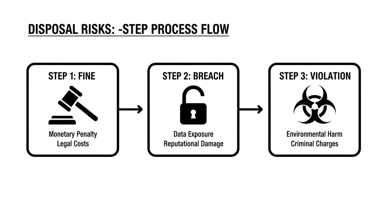 A three-step process flow chart illustrating disposal risks: fine, breach, and violation.