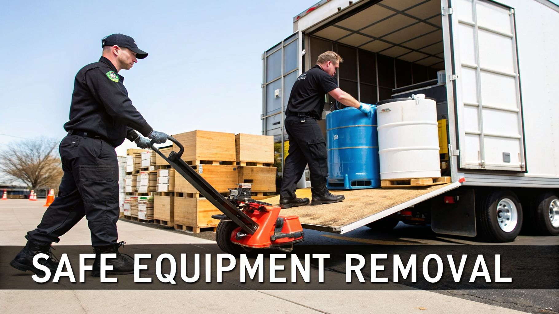 Two men in uniform safely remove equipment from a truck using a pallet jack and ramp.