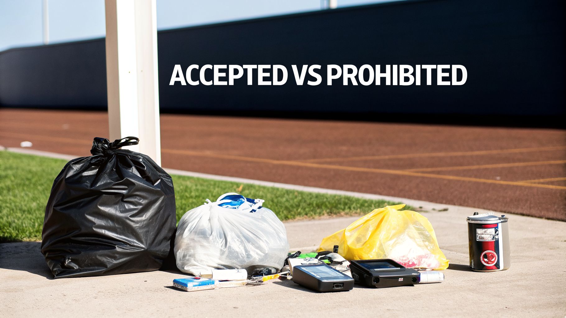 Various garbage bags and discarded items on concrete, illustrating accepted vs. prohibited waste.