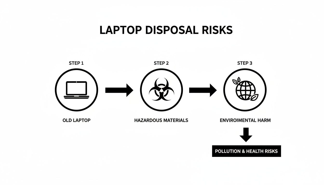 Flowchart illustrating laptop disposal risks, from old laptops to hazardous materials, environmental harm, and ultimately pollution and health risks.