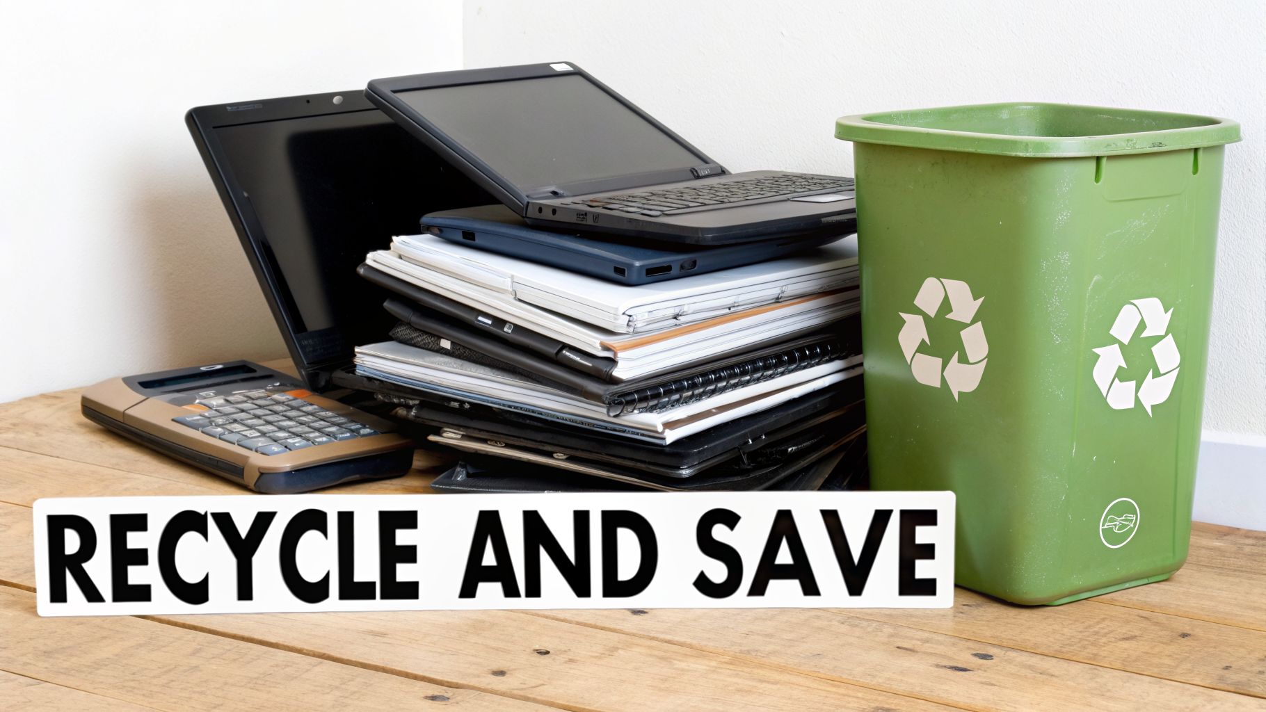 Discarded laptops and a calculator next to a green recycling bin with 'RECYCLE AND SAVE' message, promoting e-waste recycling.