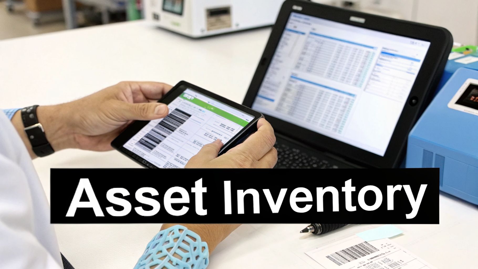 Close-up of a person using a tablet and laptop to manage asset inventory in a professional setting.