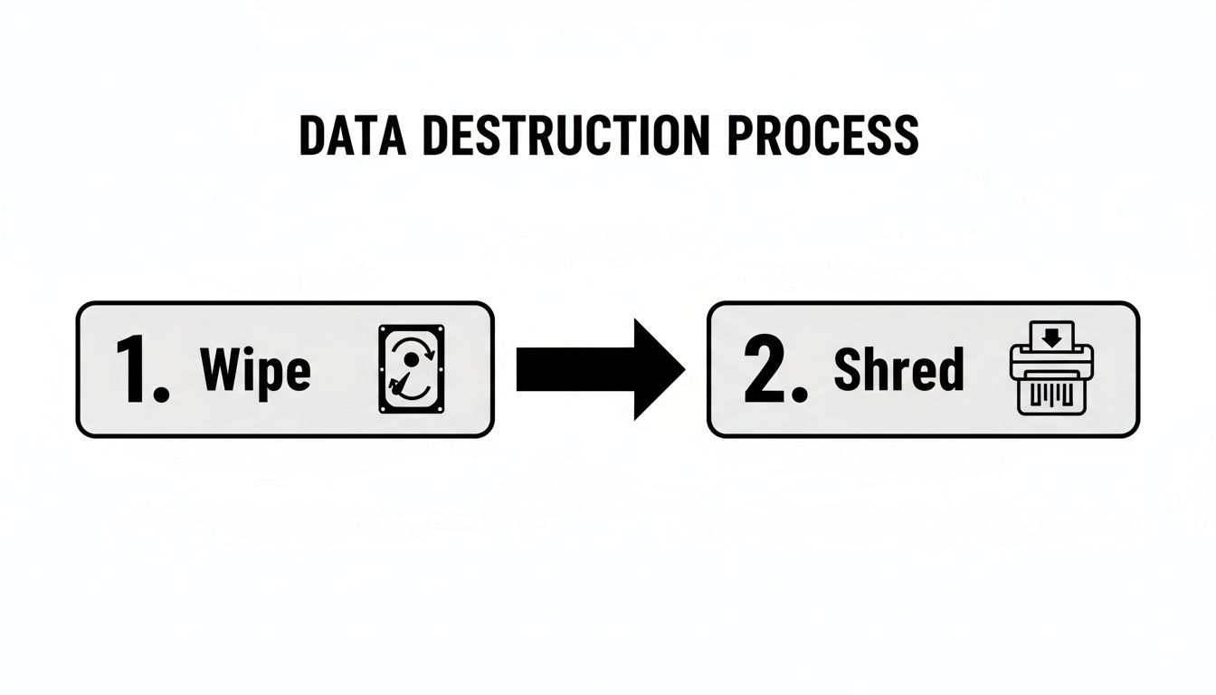 An infographic illustrates the data destruction process, showing steps to wipe data from a hard drive and then physically shred it.