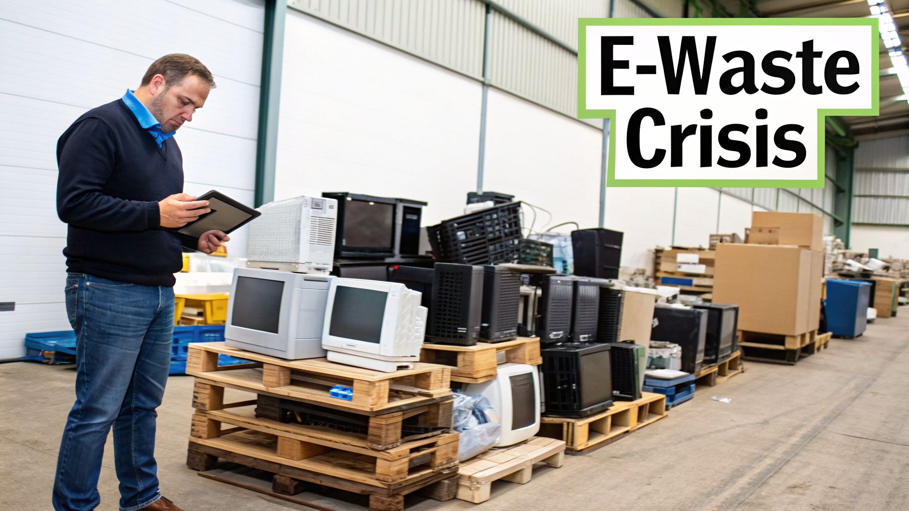 Man inspects stacks of electronic waste (e-waste) on pallets in a warehouse, highlighting the e-waste crisis.