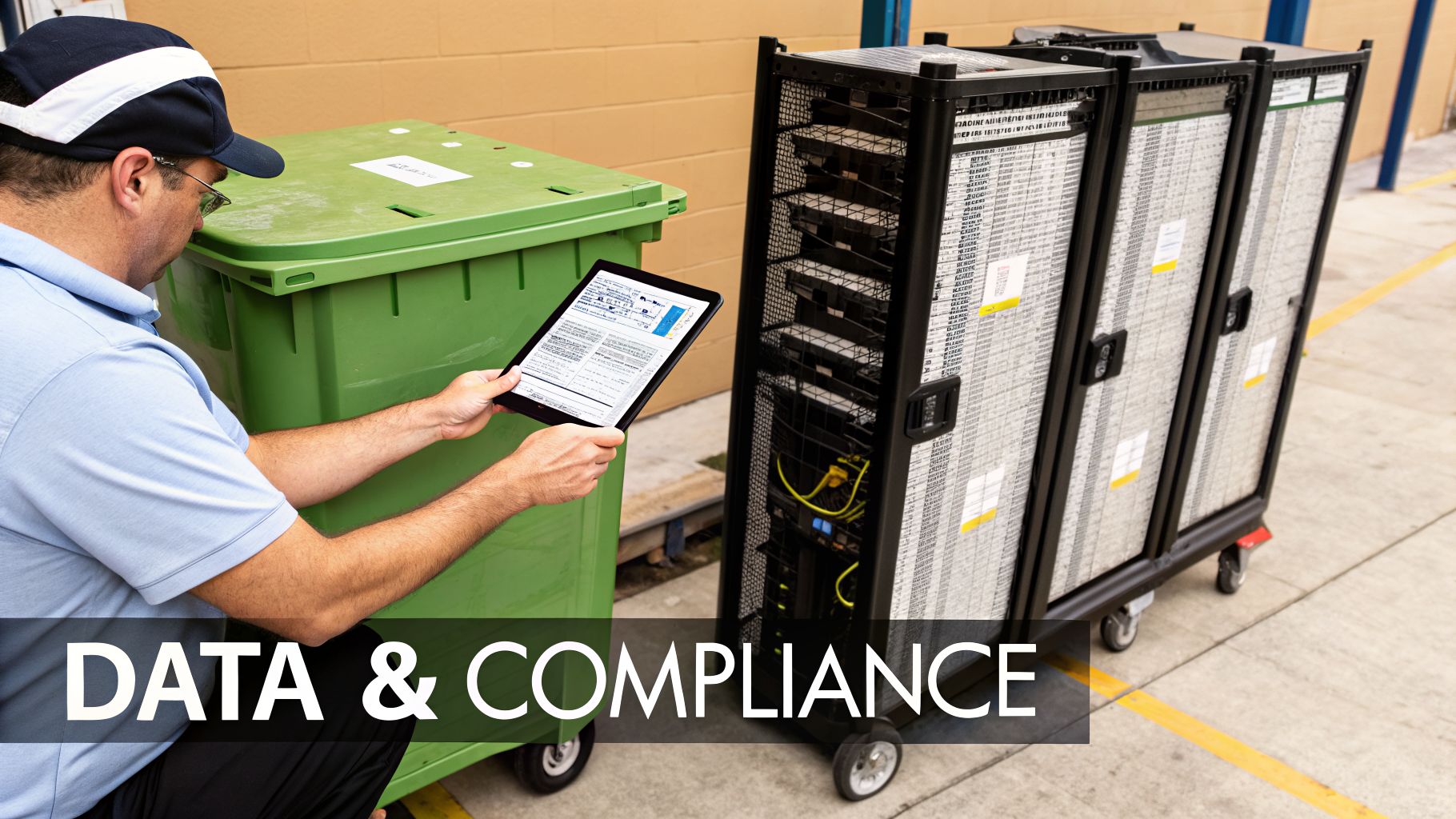Man uses tablet next to secure data carts and a large bin, emphasizing data compliance.