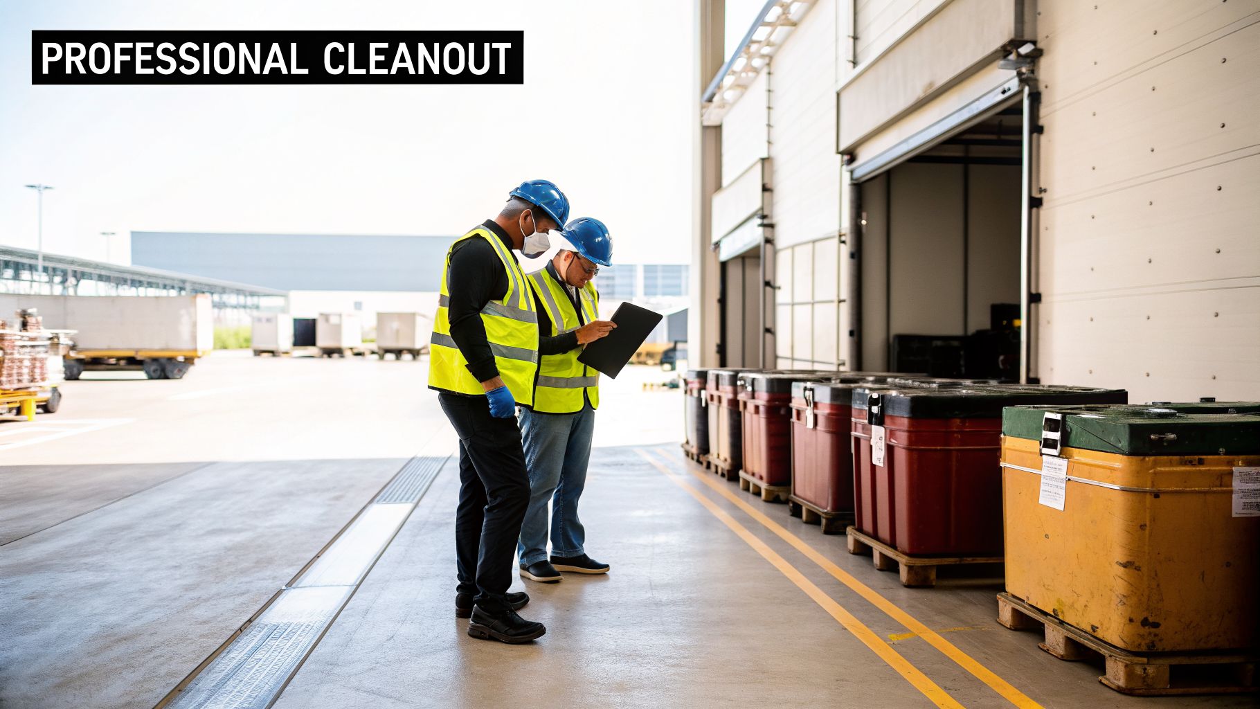 Two workers in hard hats and safety vests inspect an inventory outside a warehouse with large industrial bins.