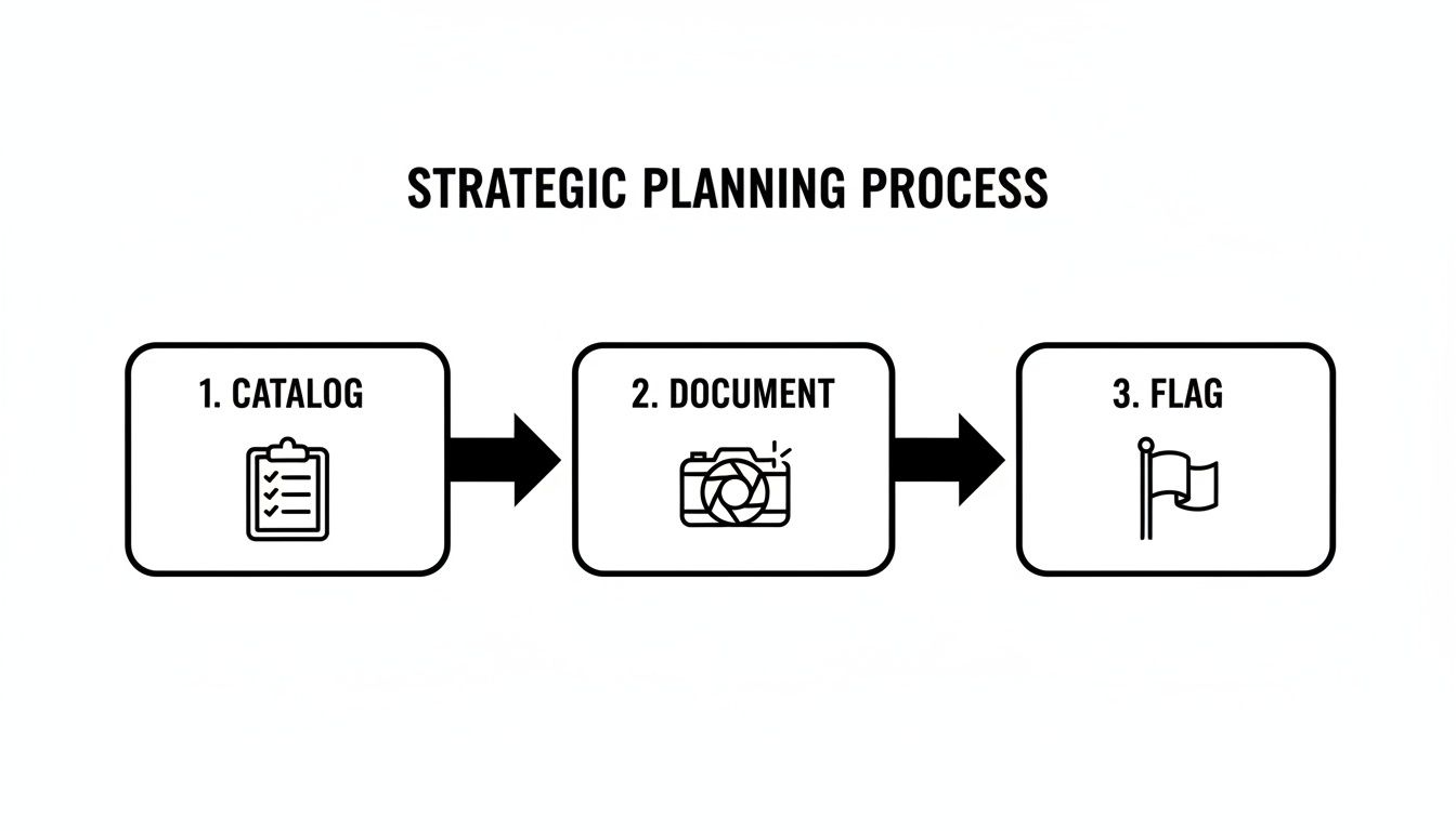 A strategic planning process diagram with three steps: catalog, document, and flag.