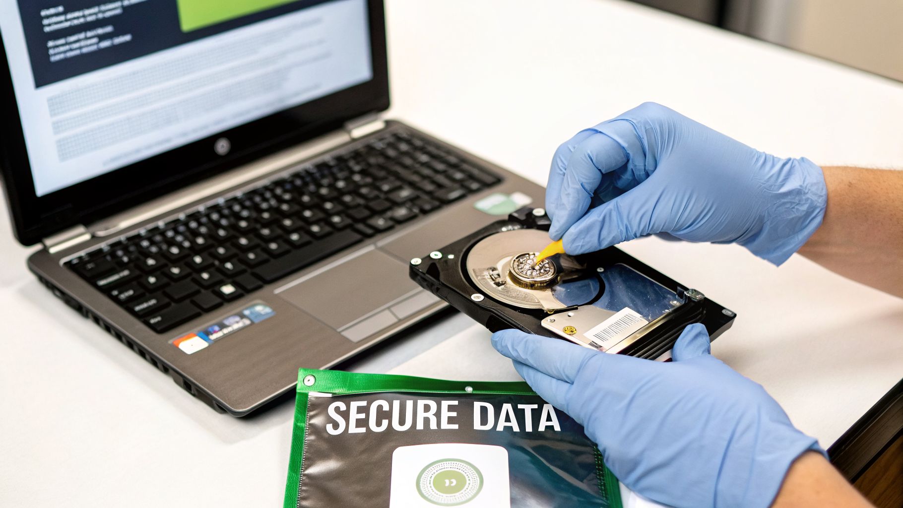Person in blue gloves using a tool to dismantle a hard drive, with a laptop and 'Secure Data' pouch.