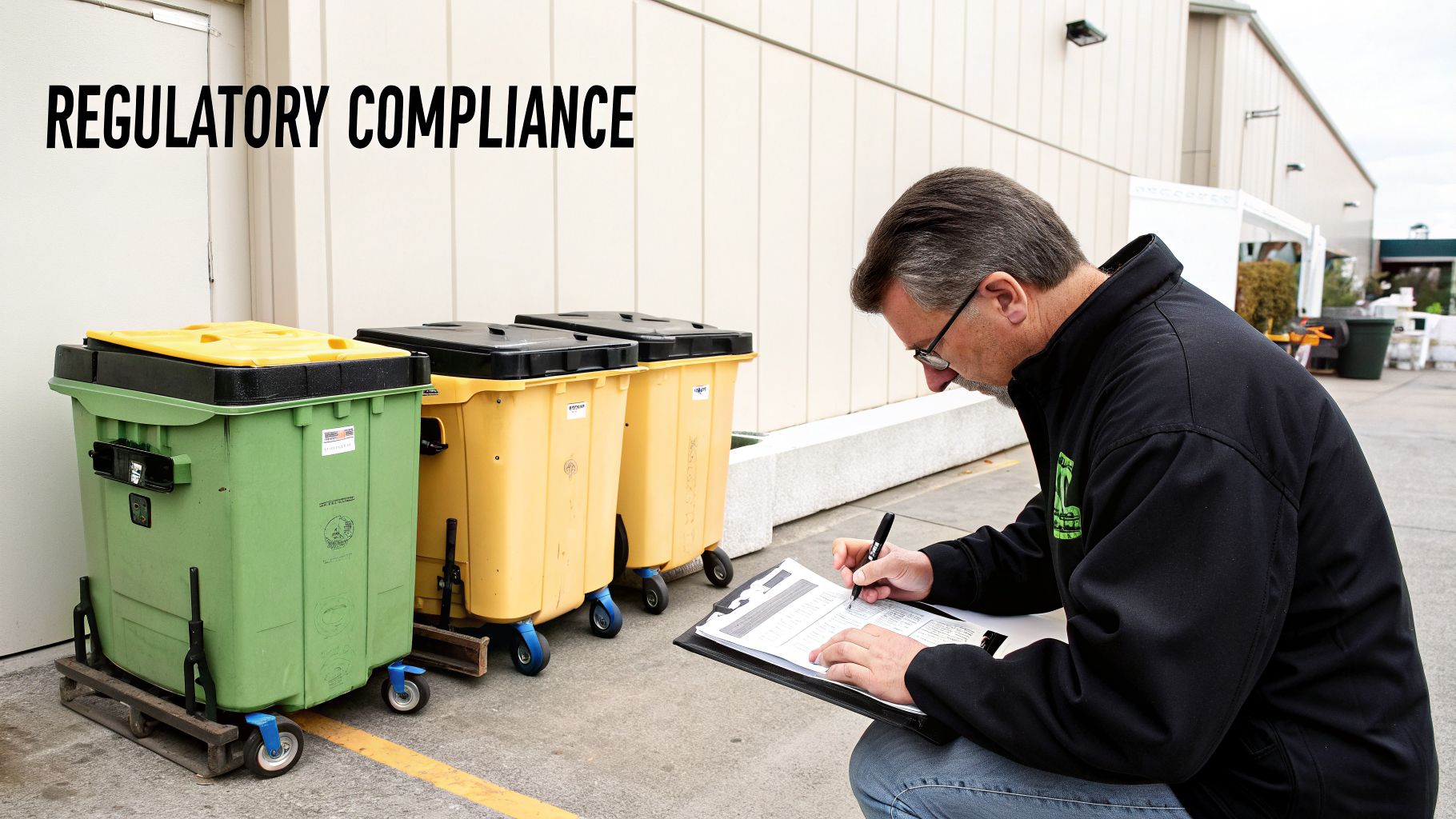 A man inspects paperwork next to industrial waste bins, indicating regulatory compliance.