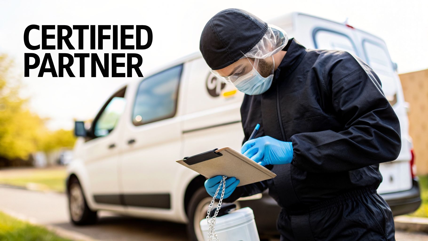 A certified partner technician in PPE writes on a clipboard next to a service van.