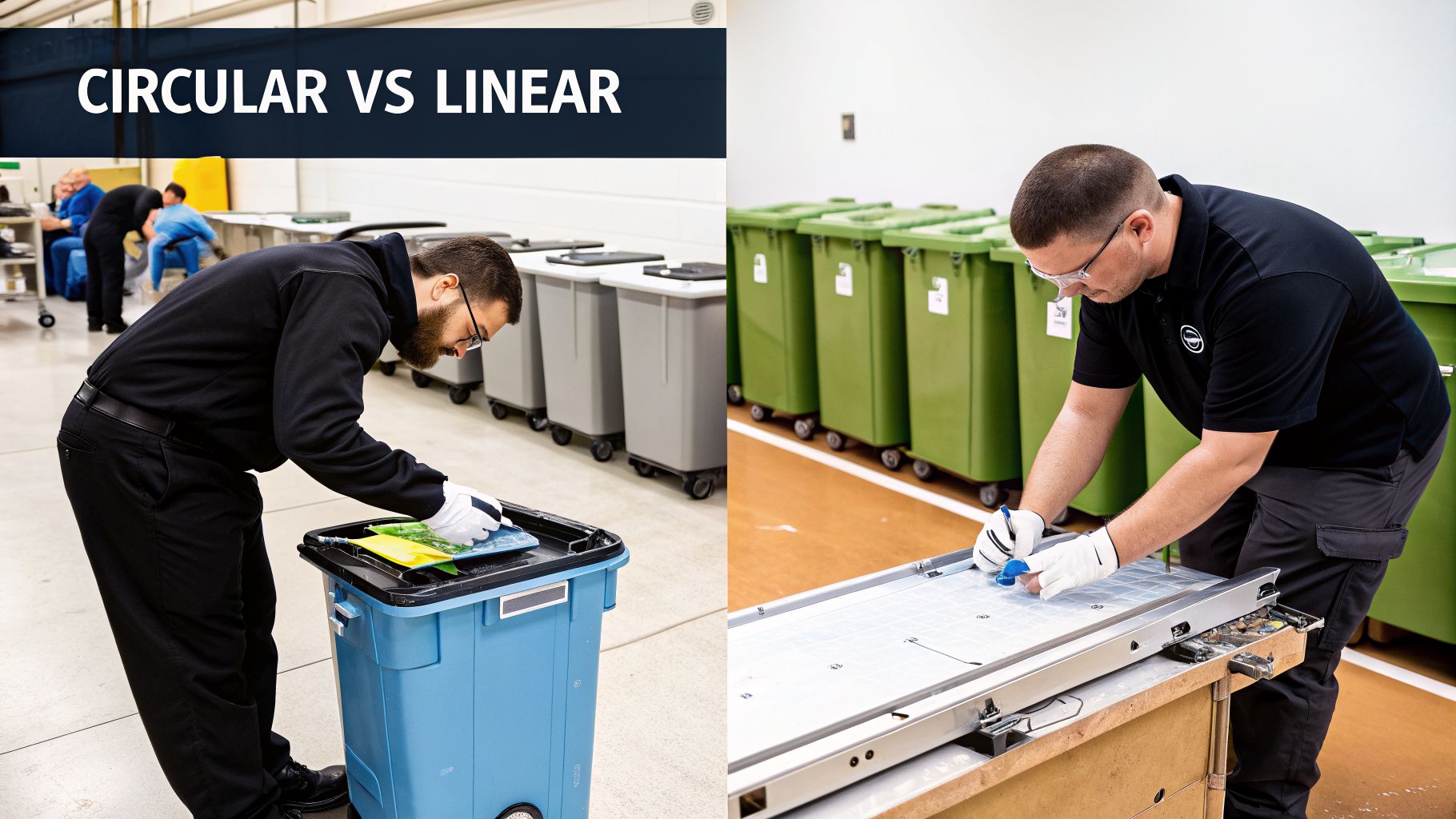 Two workers demonstrating circular economy practices by sorting materials and disassembling equipment for reuse.