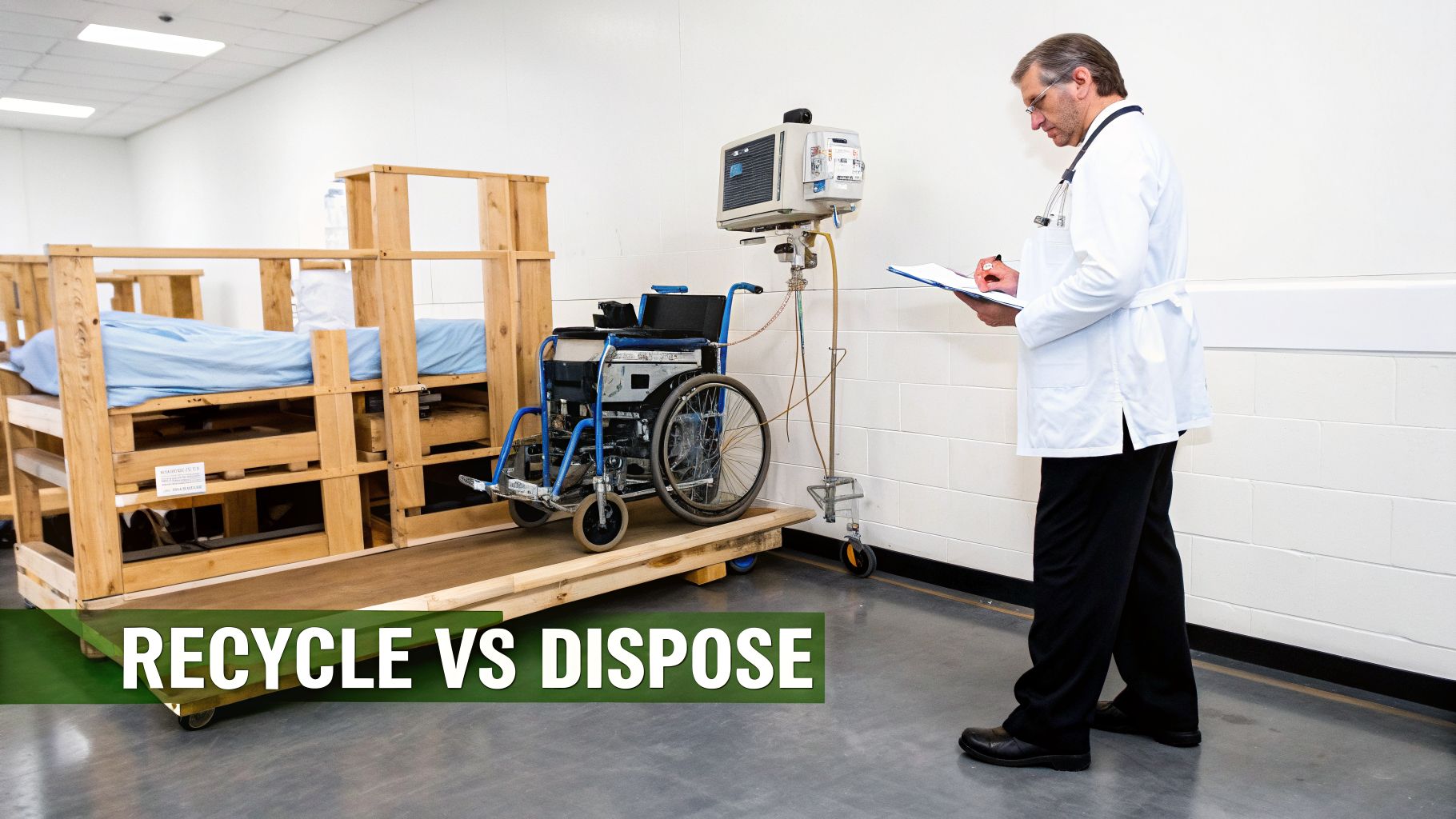 Doctor in lab coat inspecting old medical equipment, including a wheelchair and wooden pallet beds, with text 'RECYCLE VS DISPOSE'.