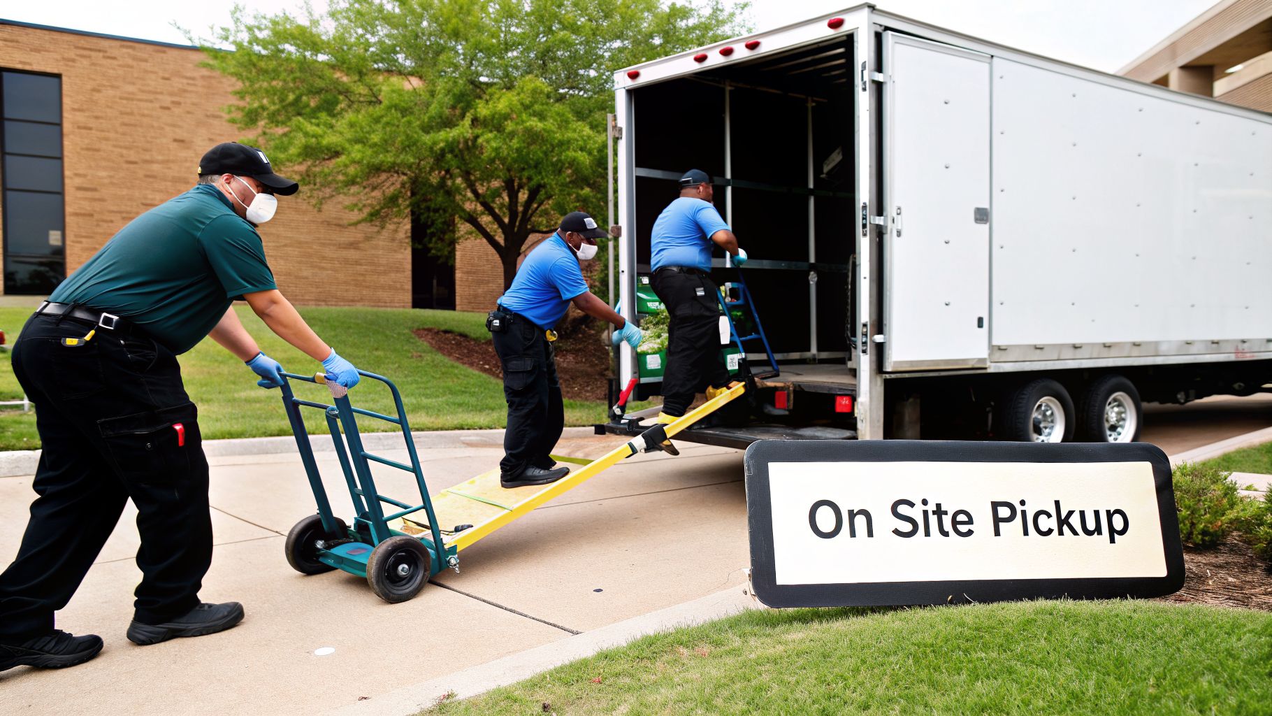 Three masked workers loading items onto a white box truck during an on-site pickup operation.