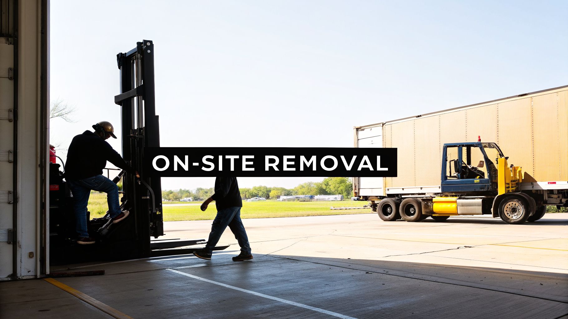 Workers load a semi-trailer with a forklift and another walks past an "ON-SITE REMOVAL" banner.