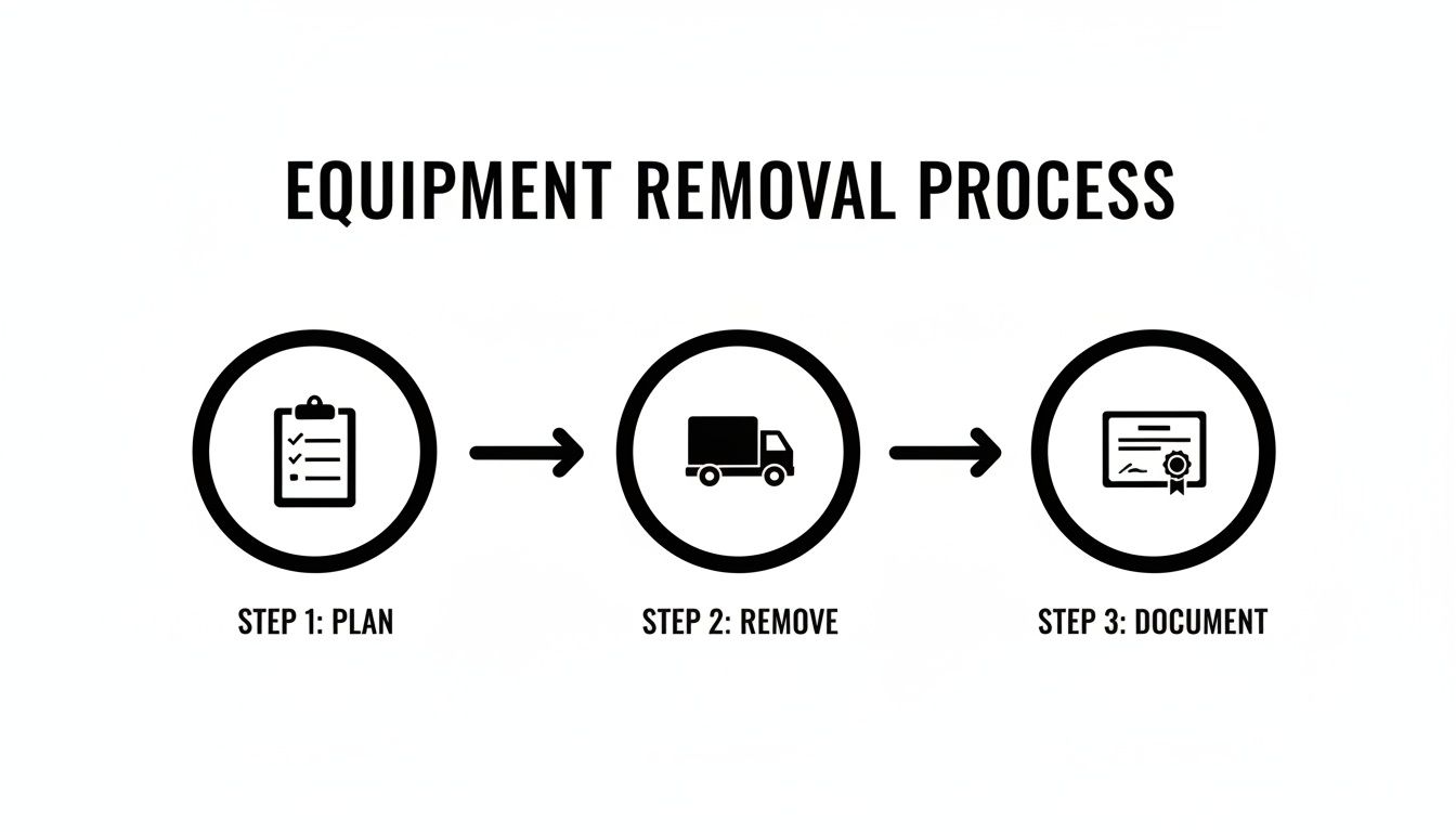 Infographic illustrating the 3-step equipment removal process: plan, remove, and document.