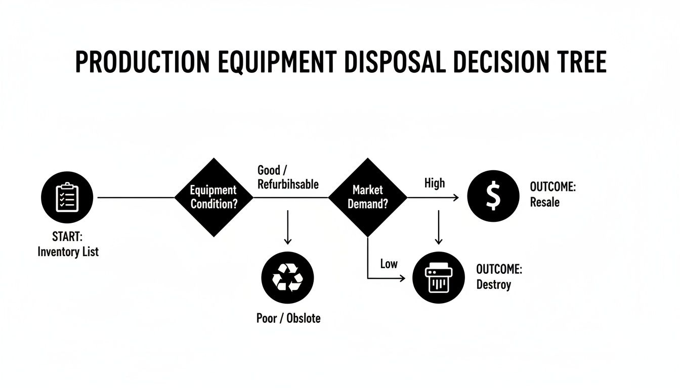 Flowchart detailing the production equipment disposal decision process, from inventory to resale, recycle, or destroy.