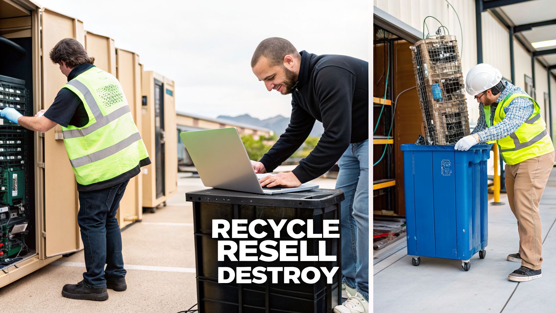 Workers managing, disposing, and processing production equipment for recycling, reselling, or destruction.