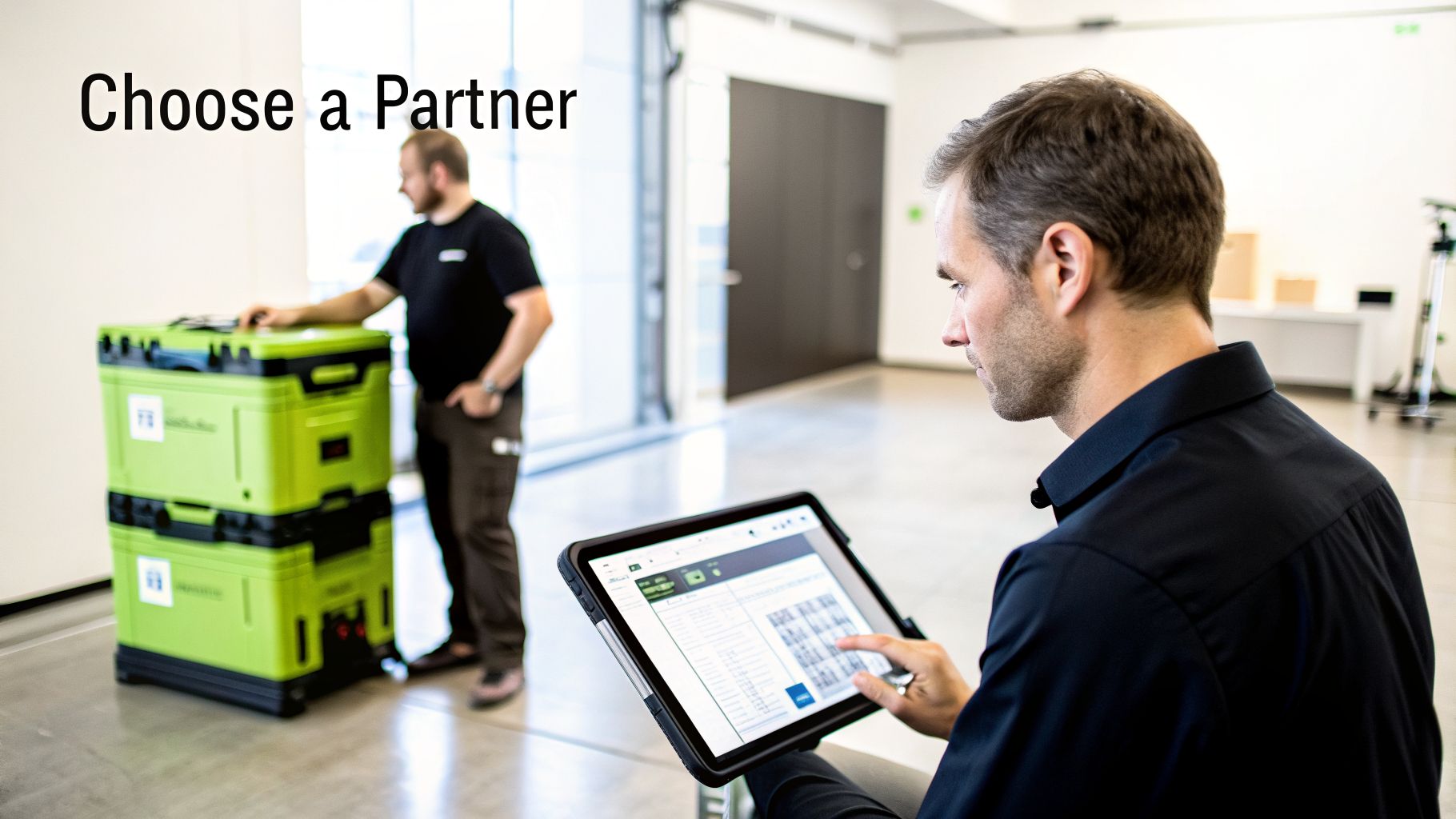 Two men working in a warehouse, one using a tablet, the other standing by green containers.