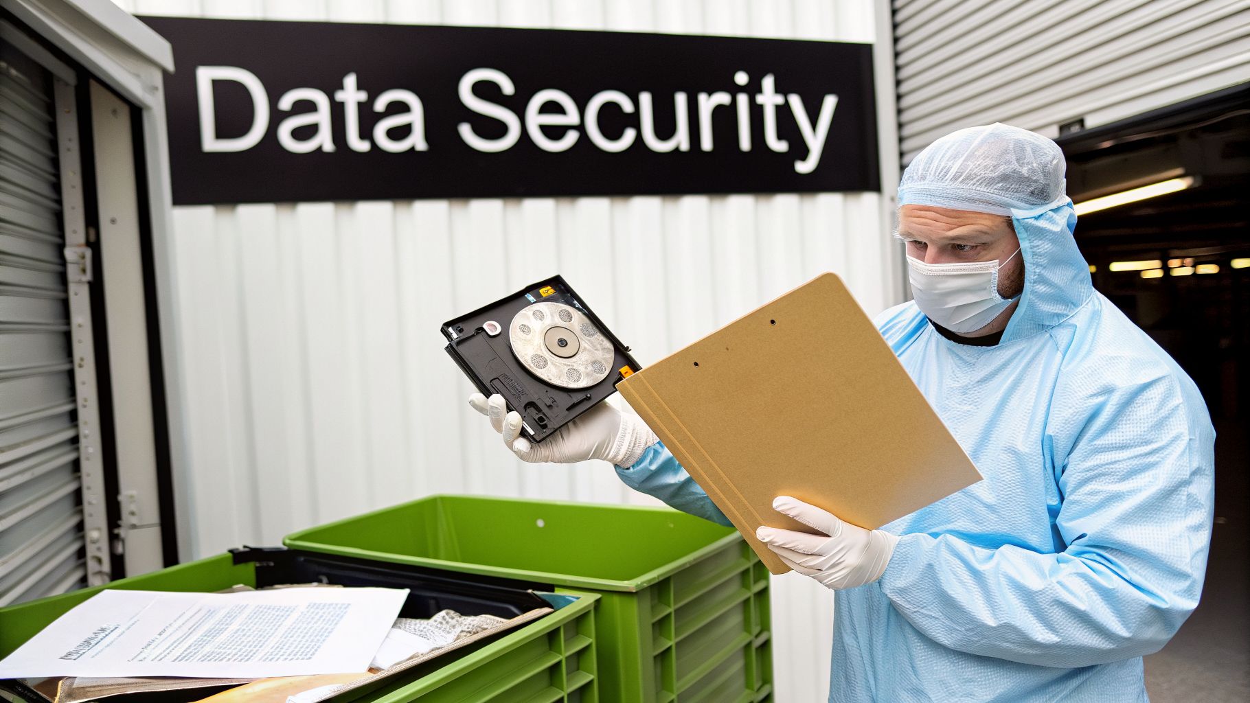 A technician in a cleanroom suit inspects a disassembled hard drive near a 'Data Security' sign.