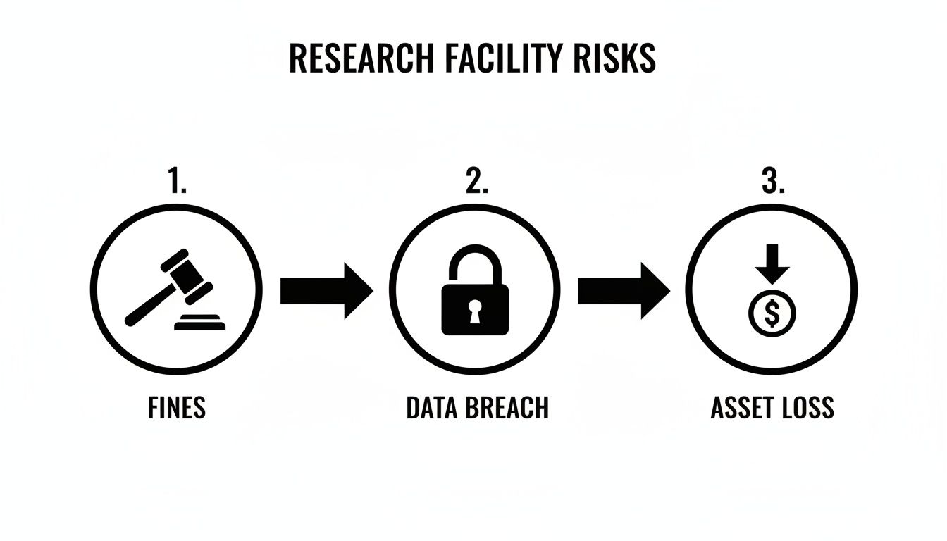 Flowchart illustrating research facility risks: fines, data breach, and asset loss, connected by arrows.